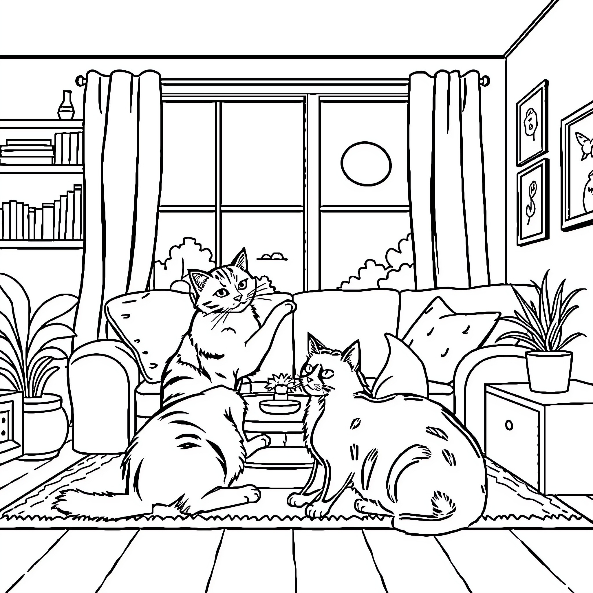 Cats relaxing in cozy indoor setting Coloring Page (free black-and-white line drawing printable PDF for all, from beginners to advanced learners, including children, teens, adults, and seniors)