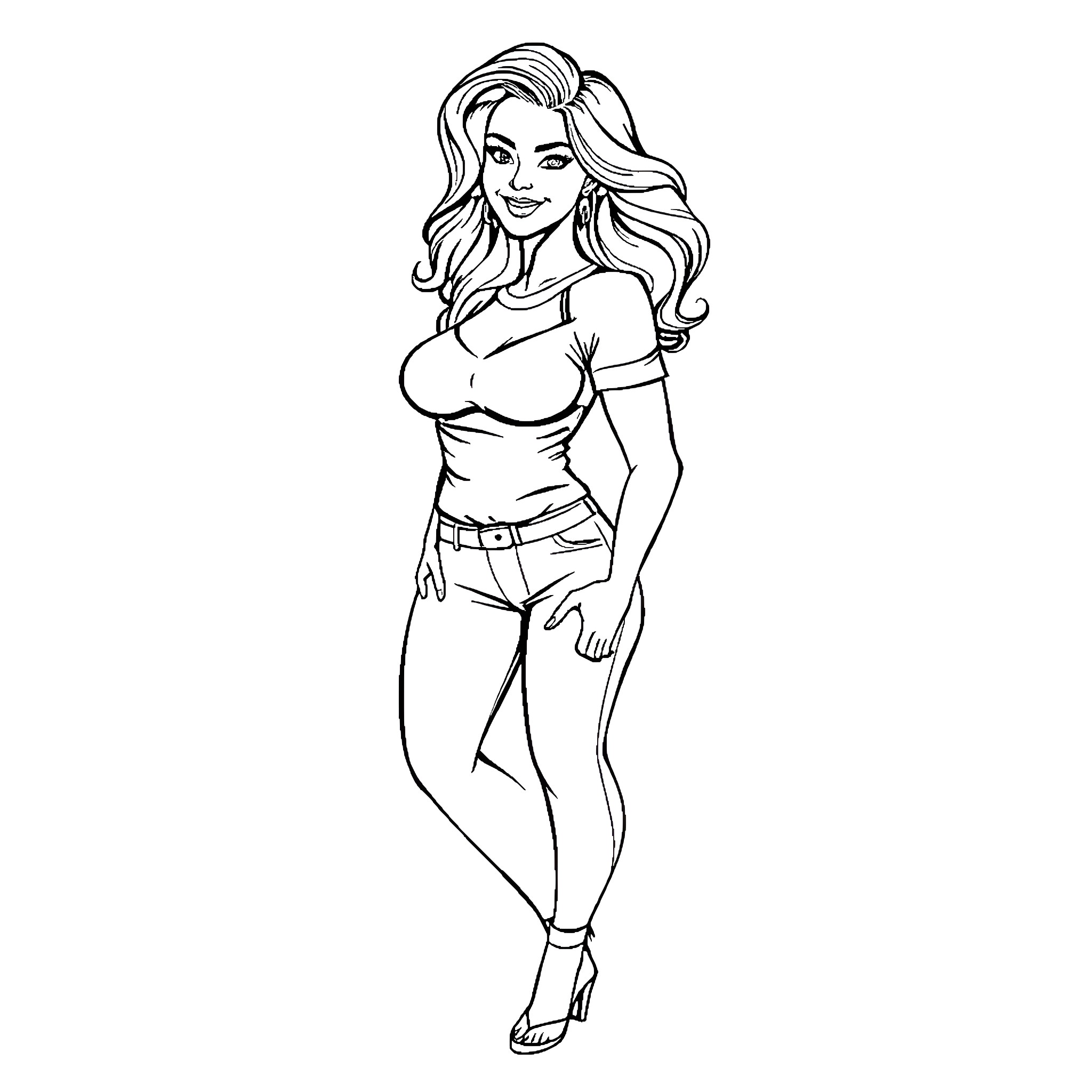 Woman posing confidently in casual outfit Coloring Page (free black-and-white line drawing printable PDF for all, from beginners to advanced learners, including children, teens, adults, and seniors)
