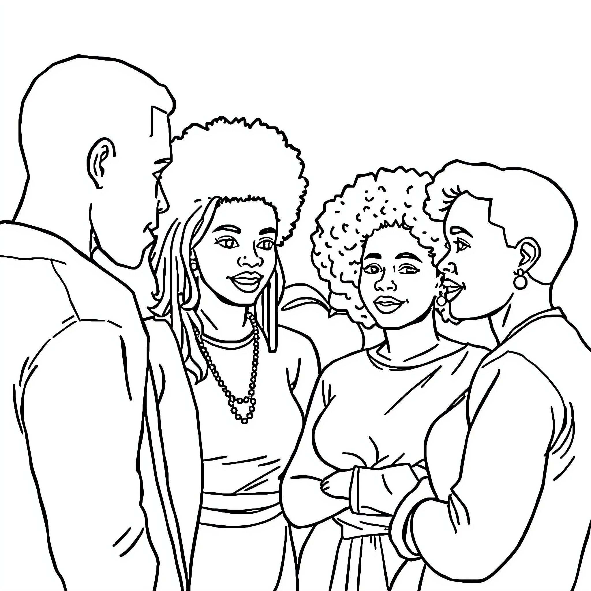 Black People Engaging in Joyful Social Interaction Coloring Page (free black-and-white line drawing printable PDF for all, from beginners to advanced learners, including children, teens, adults, and seniors)
