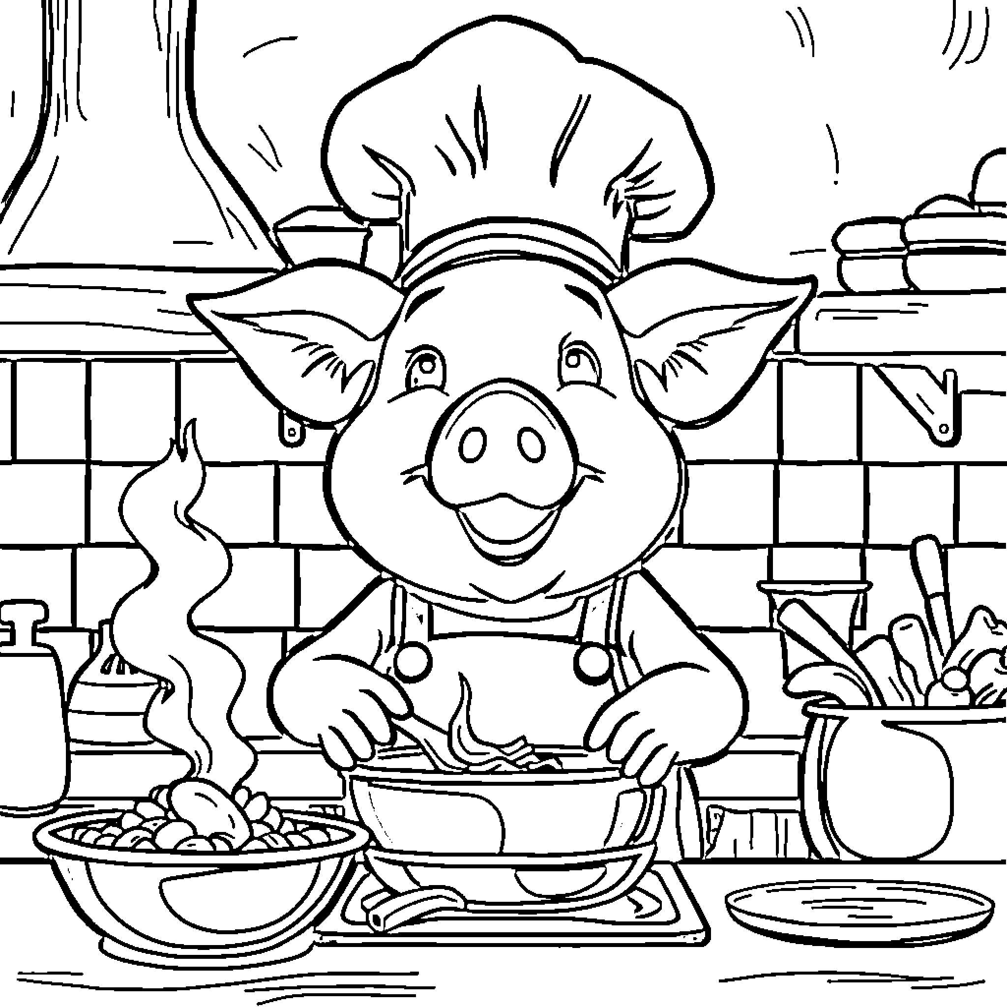 Pig chef cooking in the kitchen Coloring Page (free black-and-white line drawing printable PDF for all, from beginners to advanced learners, including children, teens, adults, and seniors)