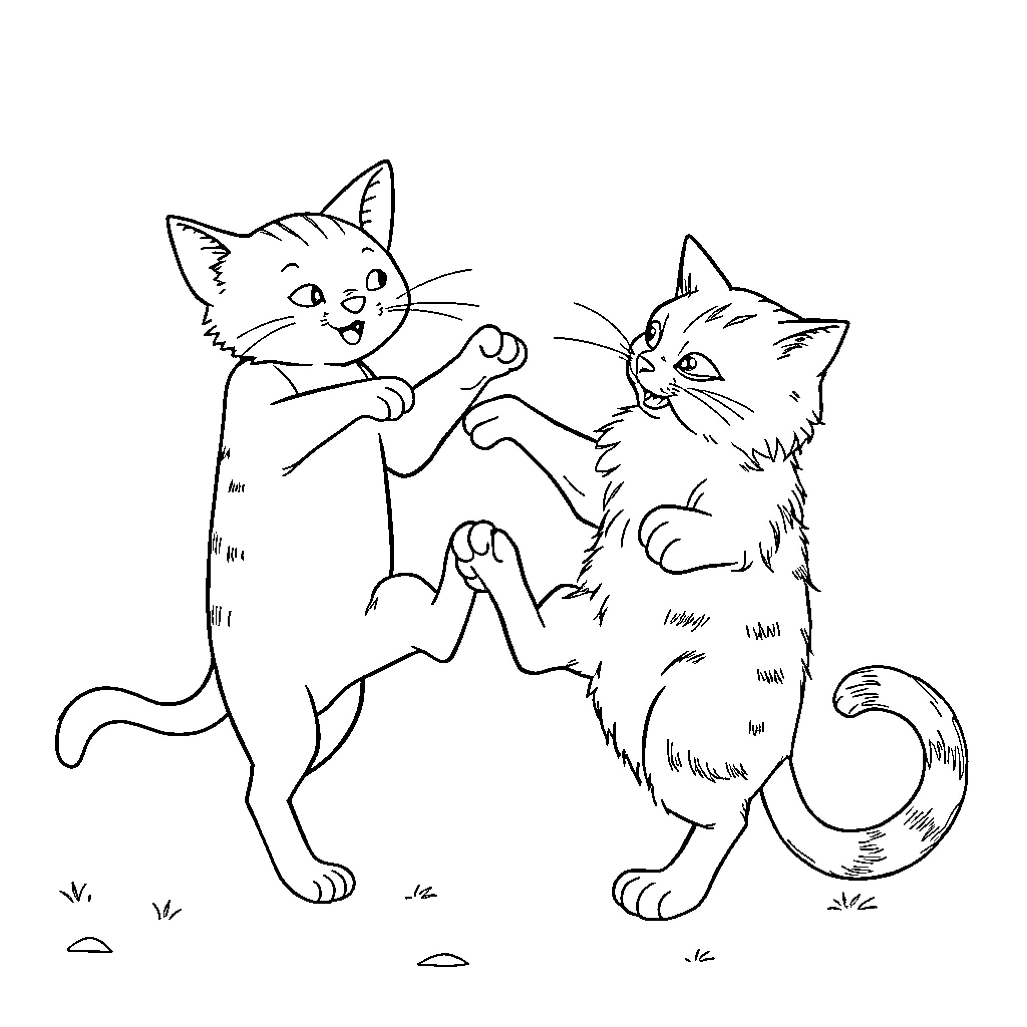 Gato Playful Feline Companions Romping Coloring Page (free black-and-white line drawing printable PDF for all, from beginners to advanced learners, including children, teens, adults, and seniors)