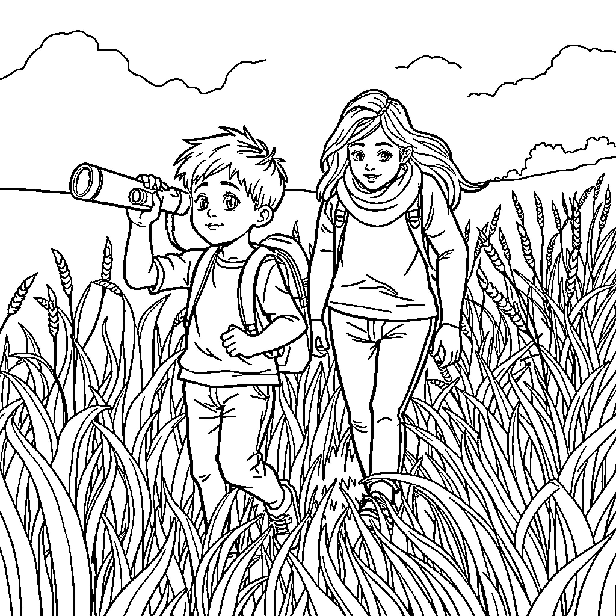Boy and girl exploring nature together Coloring Page (free black-and-white line drawing printable PDF for all, from beginners to advanced learners, including children, teens, adults, and seniors)