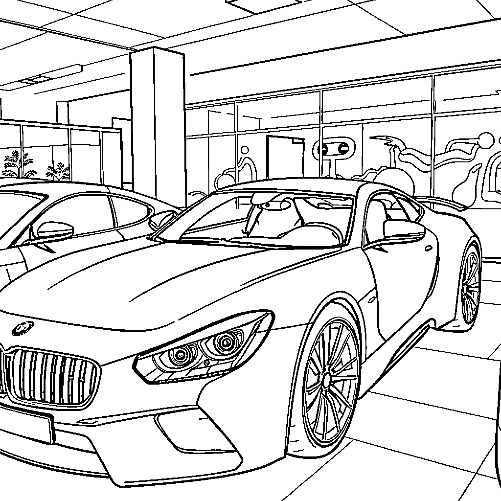 Modern Car Dealership Showroom Coloring Page (free black-and-white line drawing printable PDF for all, from beginners to advanced learners, including children, teens, adults, and seniors)