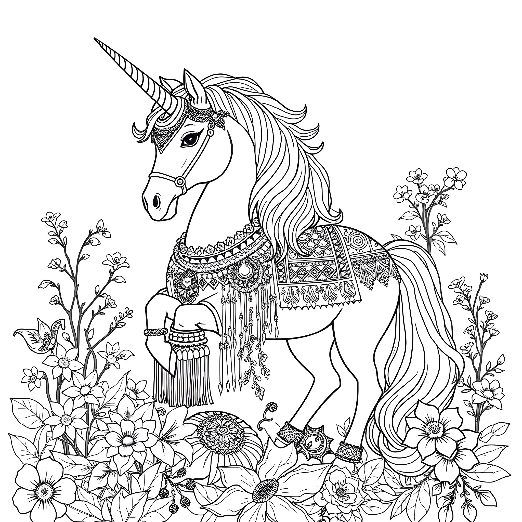 Unicorn standing amidst a floral garden Coloring Page (free black-and-white line drawing printable PDF for all, from beginners to advanced learners, including children, teens, adults, and seniors)