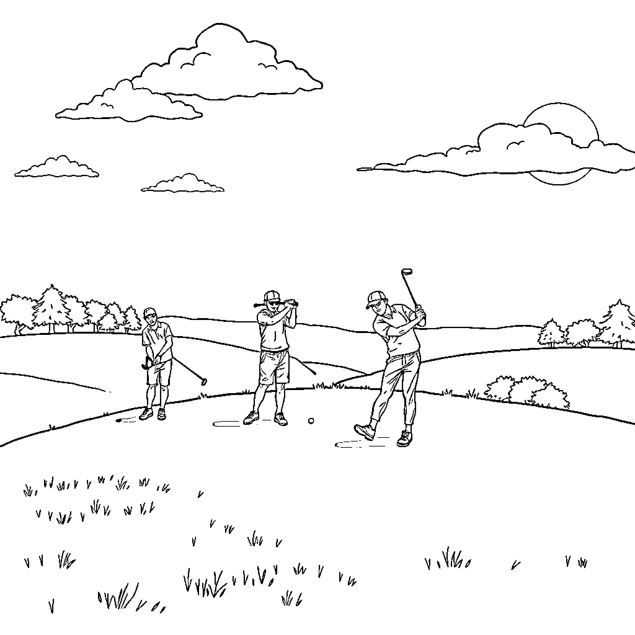 Guys playing a round of golf on the course Coloring Page (free black-and-white line drawing printable PDF for all, from beginners to advanced learners, including children, teens, adults, and seniors)