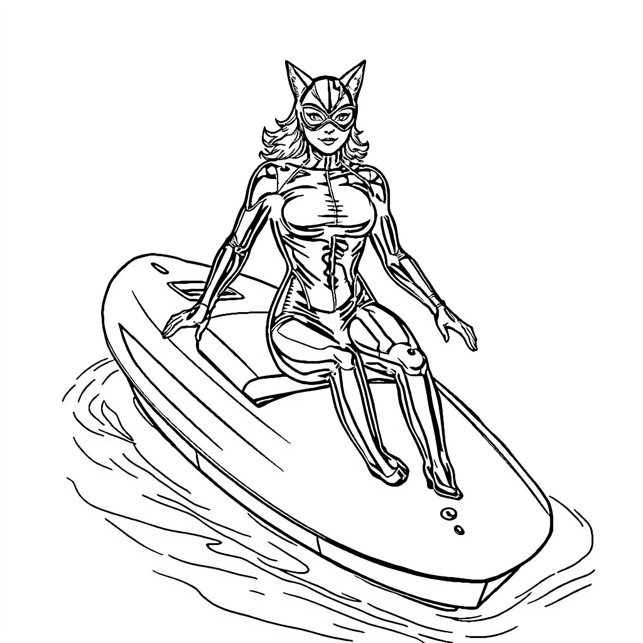 Catsuit Superhero Riding a Jet Ski Coloring Page (free black-and-white line drawing printable PDF for all, from beginners to advanced learners, including children, teens, adults, and seniors)