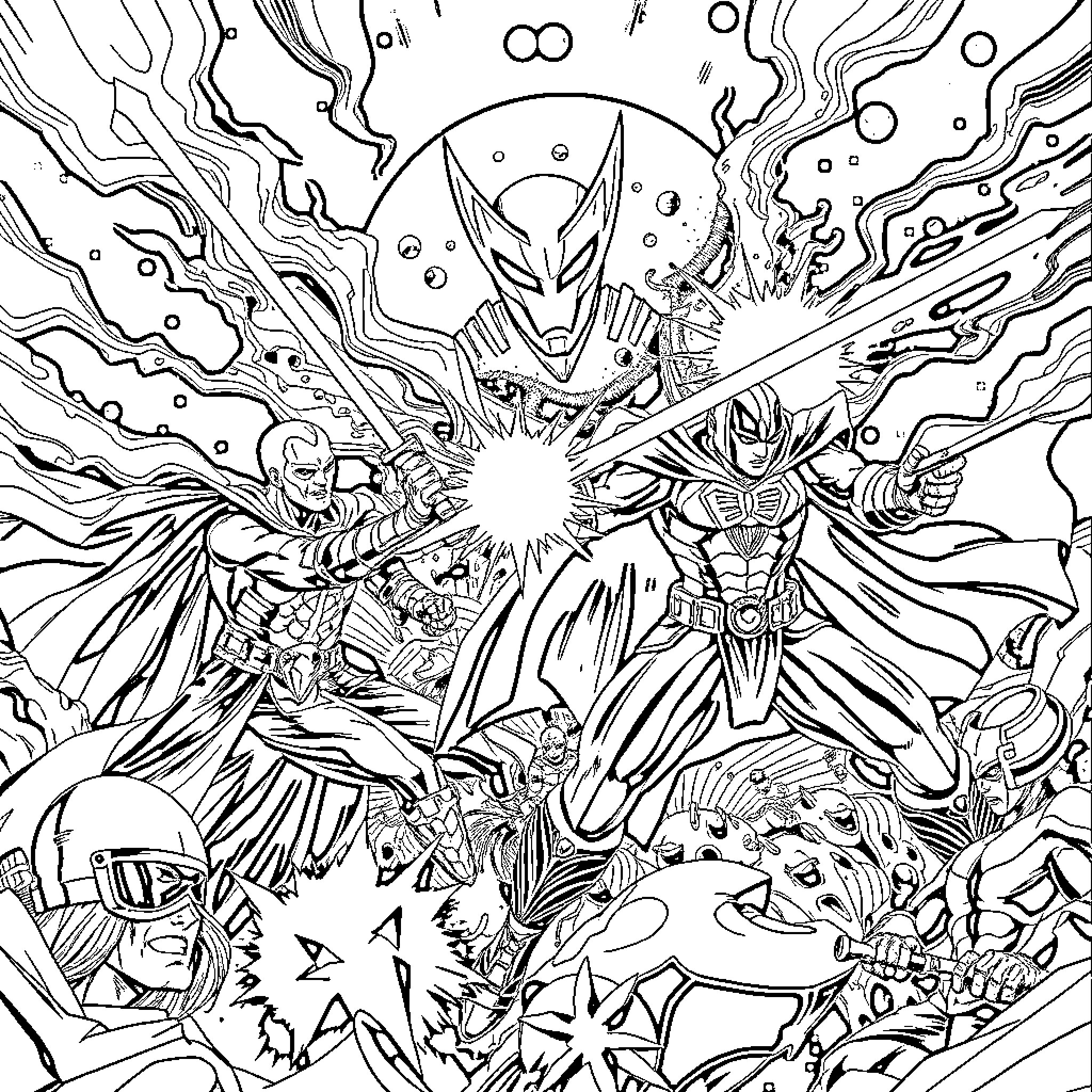 Avenger's Epic Clash in Cosmic Chaos Coloring Page (free black-and-white line drawing printable PDF for all, from beginners to advanced learners, including children, teens, adults, and seniors)