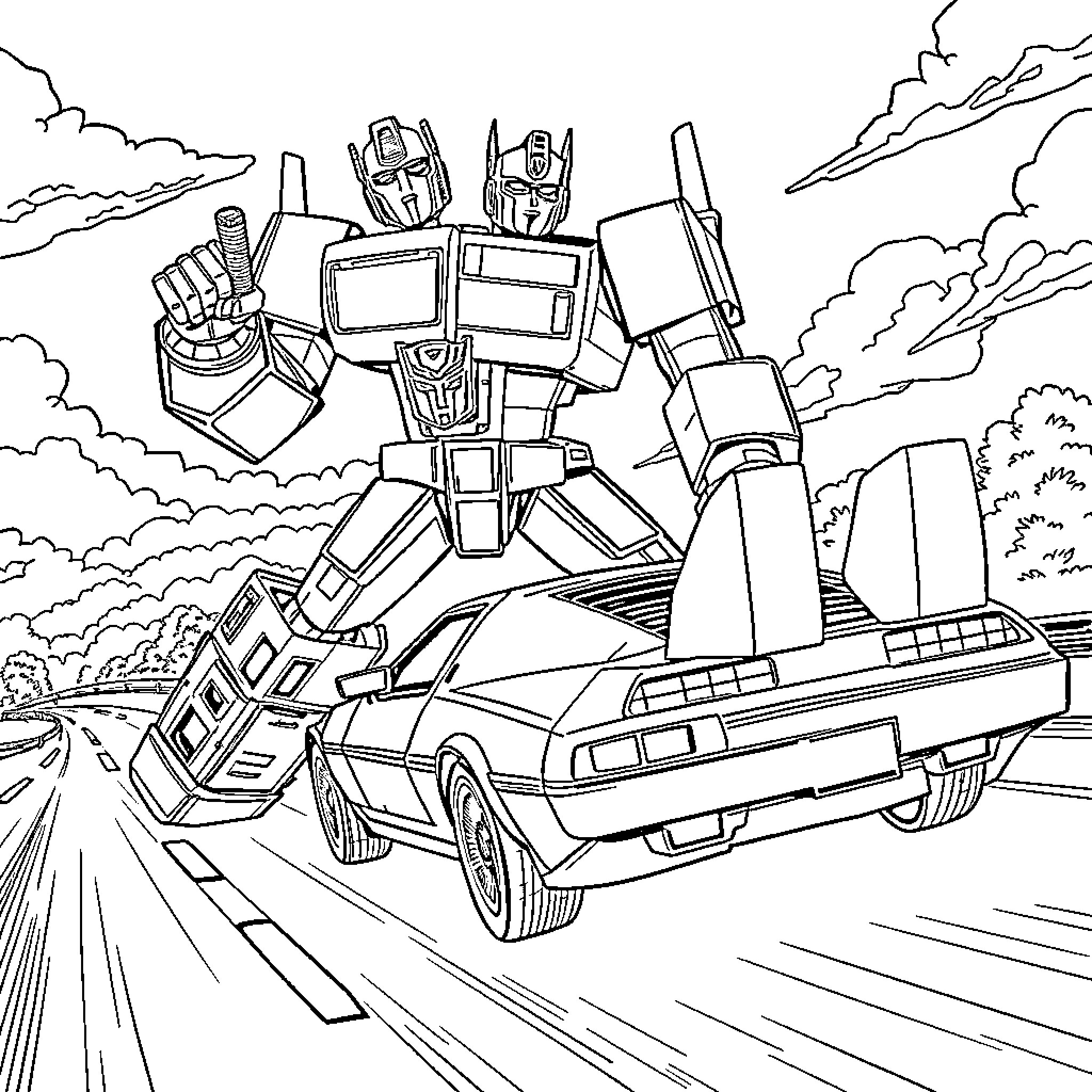 Optimus Prime's Heroic Transformation in the Open Road Coloring Page (free black-and-white line drawing printable PDF for all, from beginners to advanced learners, including children, teens, adults, and seniors)