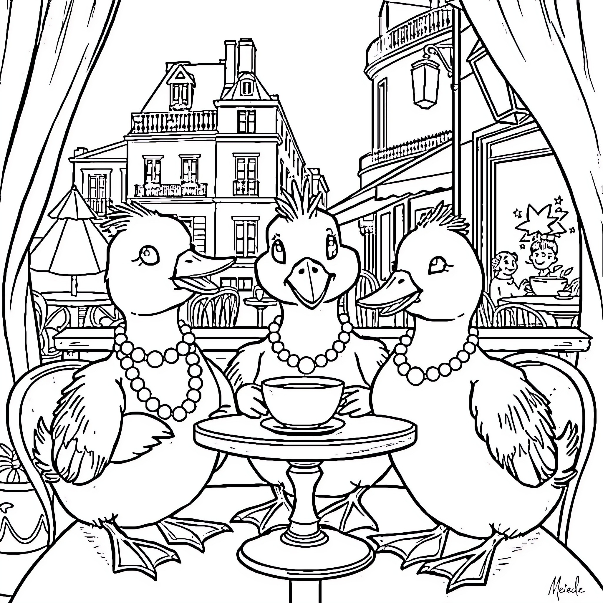Duck trio dining at an elegant cafe Coloring Page (free black-and-white line drawing printable PDF for all, from beginners to advanced learners, including children, teens, adults, and seniors)