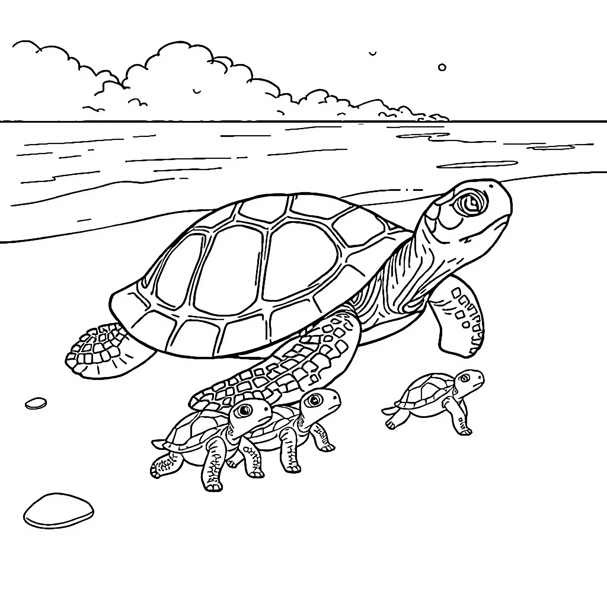 Turtle family on the beach Coloring Page (free black-and-white line drawing printable PDF for all, from beginners to advanced learners, including children, teens, adults, and seniors)