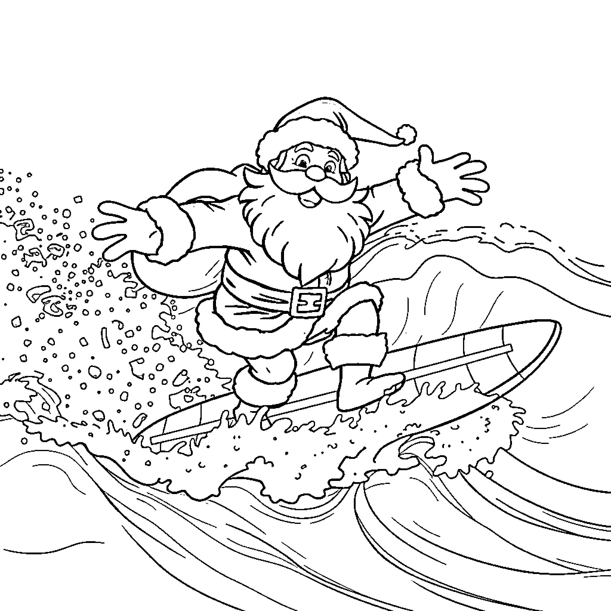 Santa surfing on a wave Coloring Page (free black-and-white line drawing printable PDF for all, from beginners to advanced learners, including children, teens, adults, and seniors)