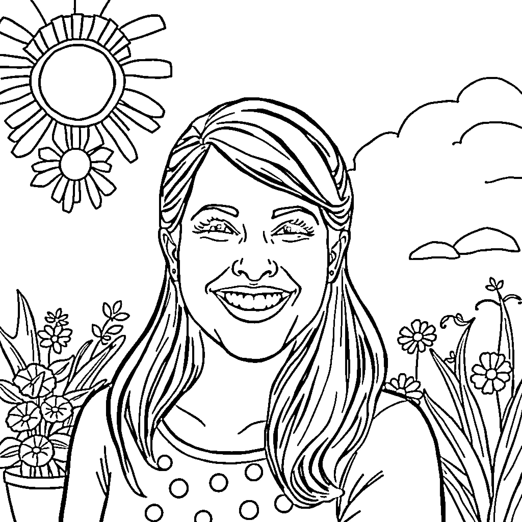 Alison Becker smiling joyfully in a garden landscape Coloring Page (free black-and-white line drawing printable PDF for all, from beginners to advanced learners, including children, teens, adults, and seniors)