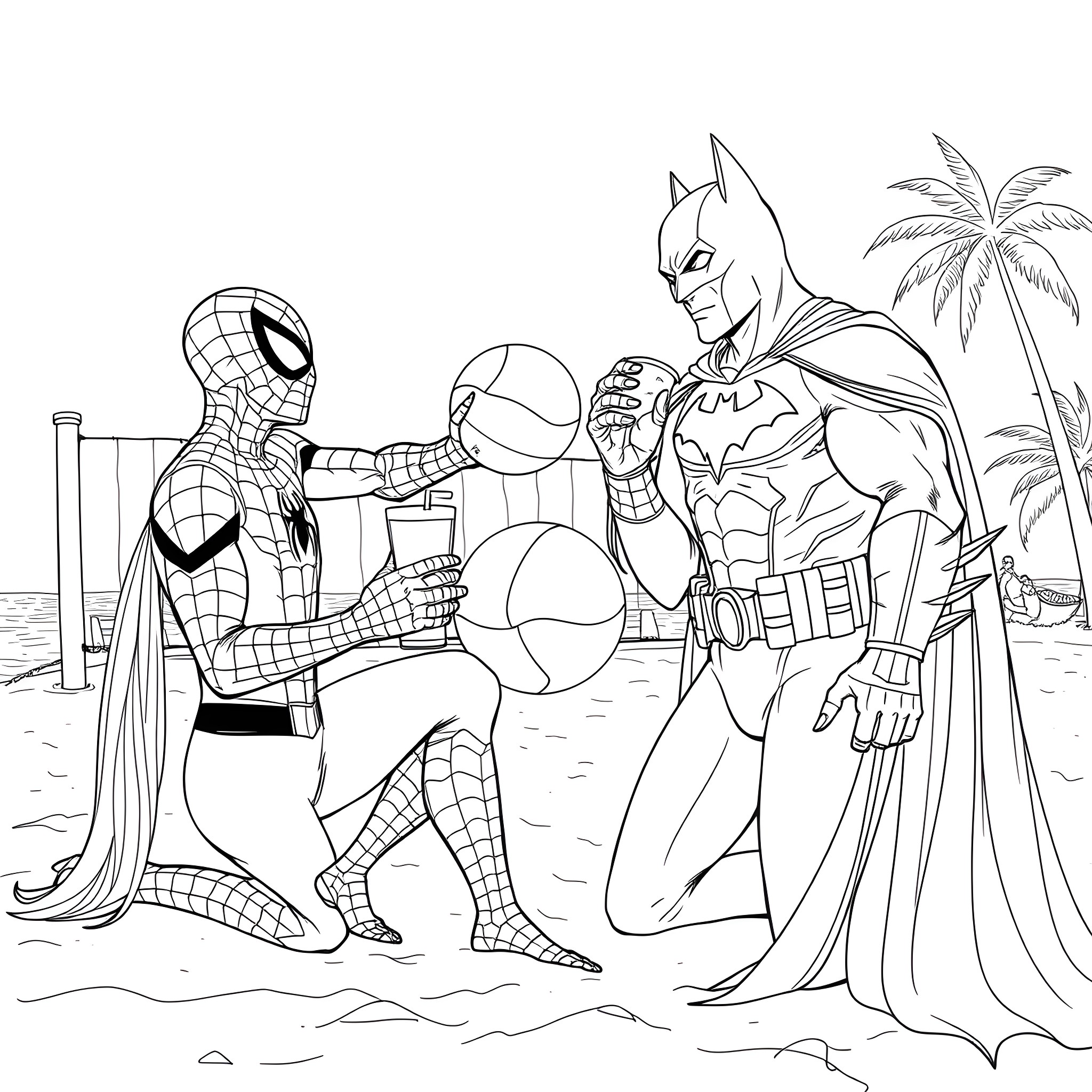Spiderman and Batman team up for a beach adventure Coloring Page (free black-and-white line drawing printable PDF for all, from beginners to advanced learners, including children, teens, adults, and seniors)