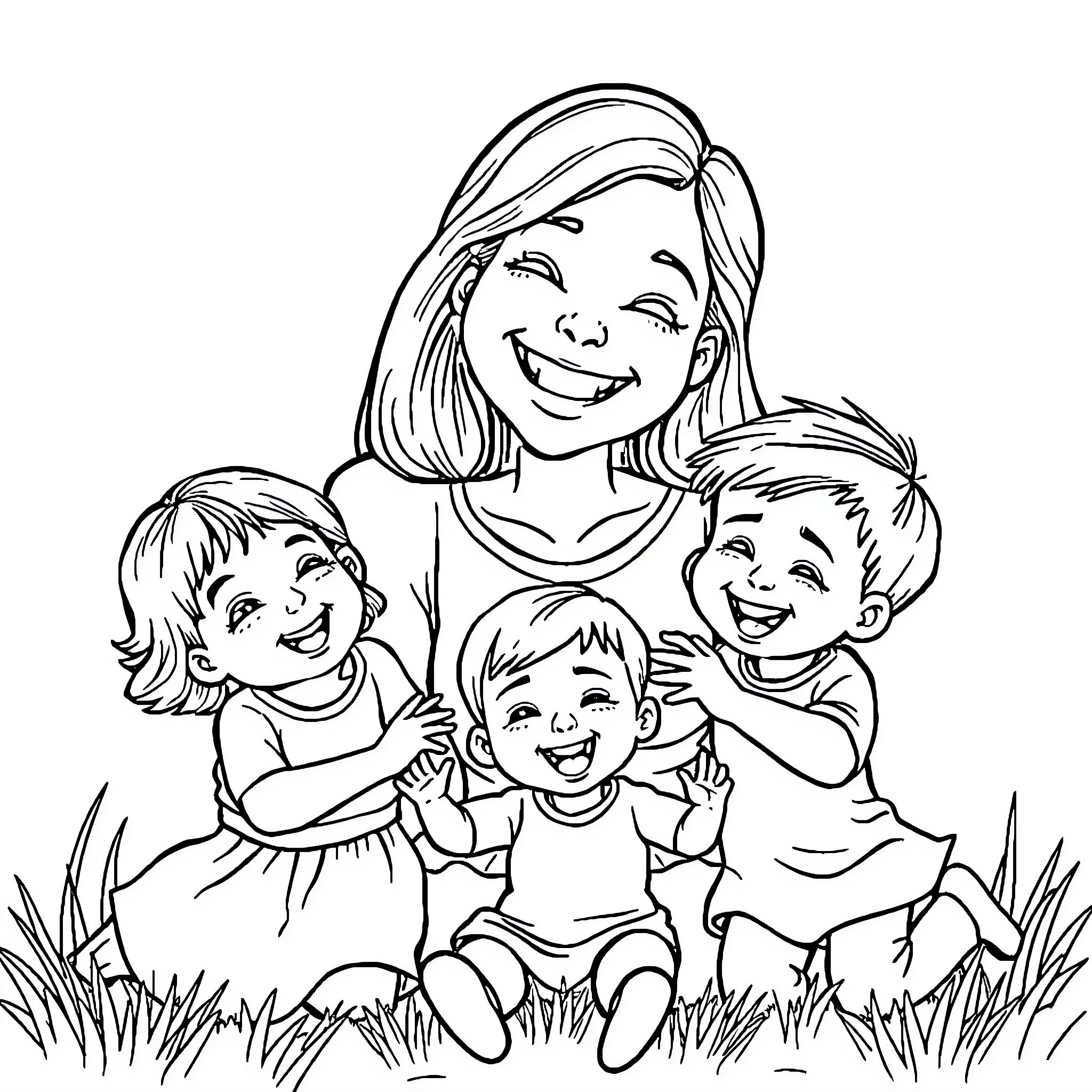 Mother playing joyfully with children in the park Coloring Page (free black-and-white line drawing printable PDF for all, from beginners to advanced learners, including children, teens, adults, and seniors)
