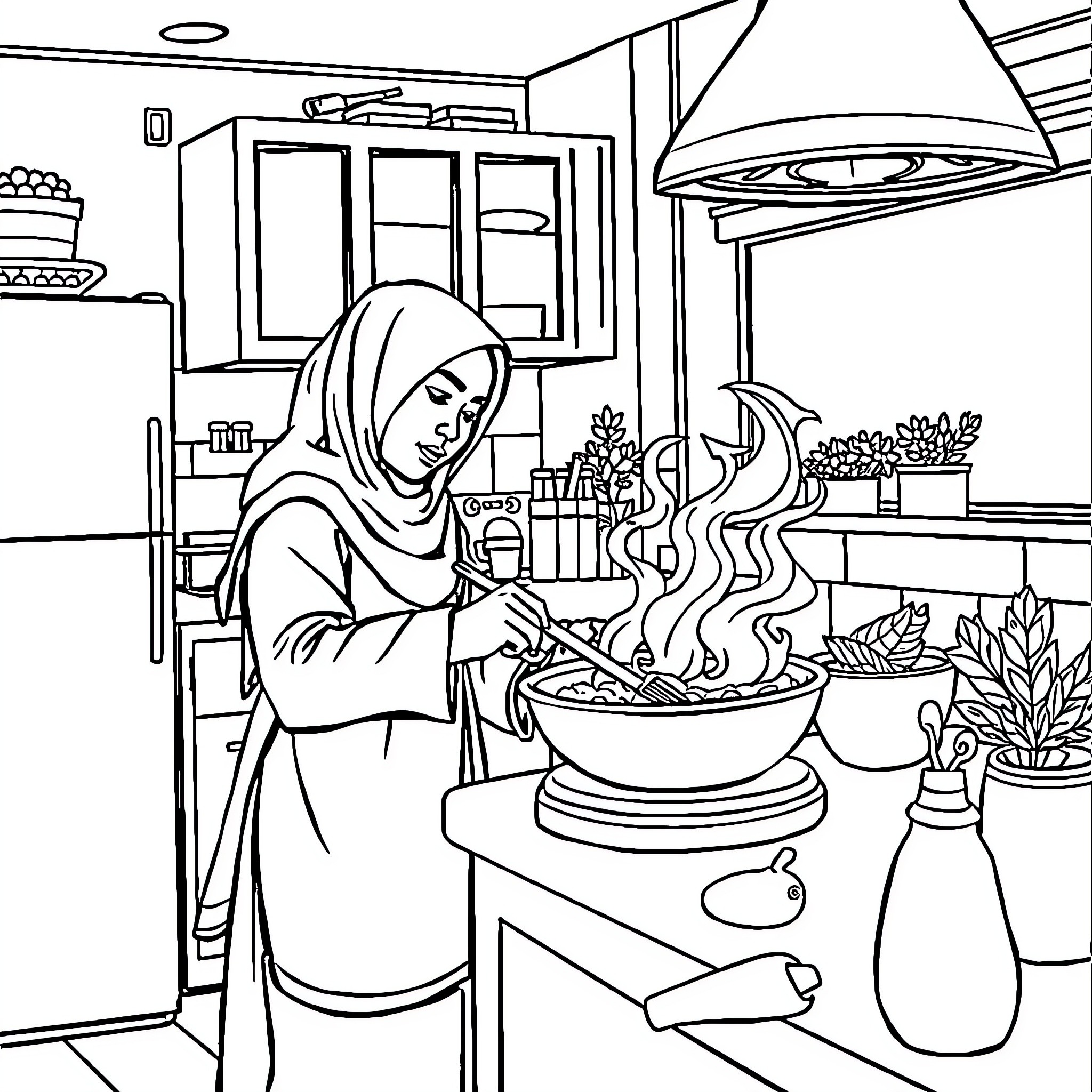 Pemuda Cooking Delicious Meal in the Kitchen Coloring Page (free black-and-white line drawing printable PDF for all, from beginners to advanced learners, including children, teens, adults, and seniors)