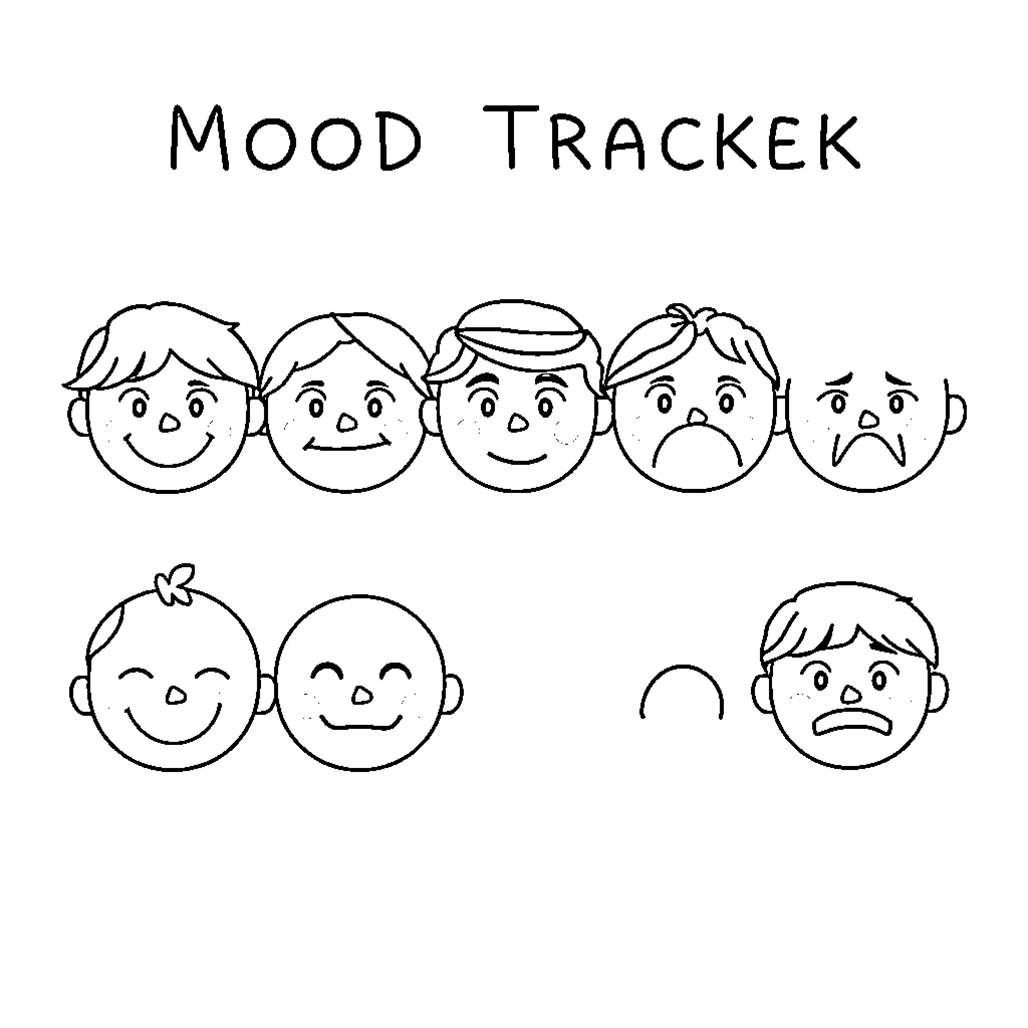 Mood Tracker: Simple Facial Expressions Coloring Page (free black-and-white line drawing printable PDF for all, from beginners to advanced learners, including children, teens, adults, and seniors)