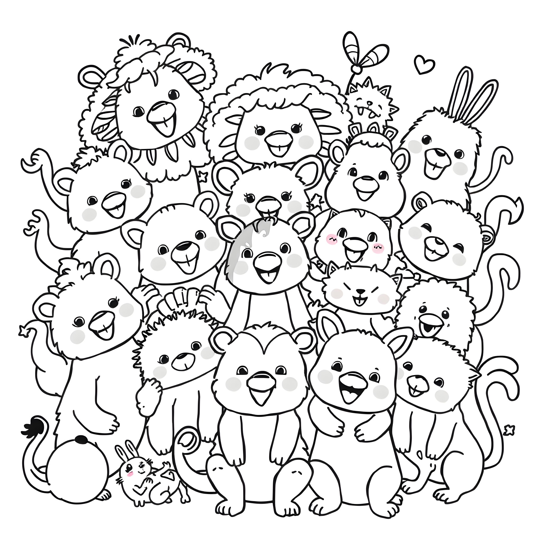 Creature crowd of cute animals Coloring Page (free black-and-white line drawing printable PDF for all, from beginners to advanced learners, including children, teens, adults, and seniors)
