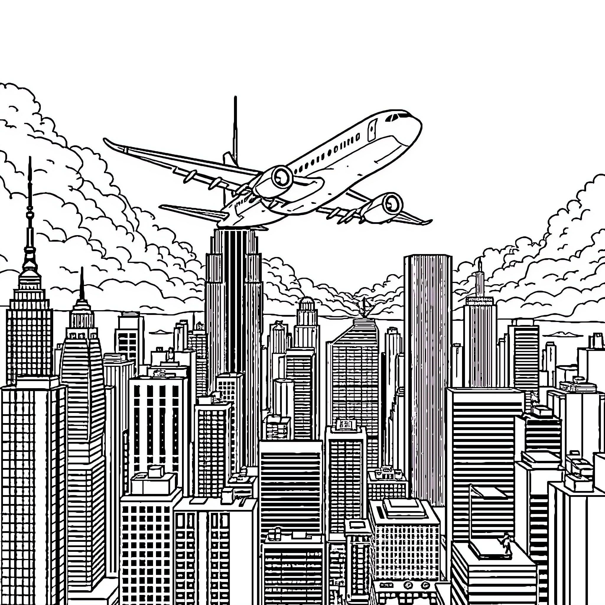 Airplane soaring over the bustling city skyline Coloring Page (free black-and-white line drawing printable PDF for all, from beginners to advanced learners, including children, teens, adults, and seniors)