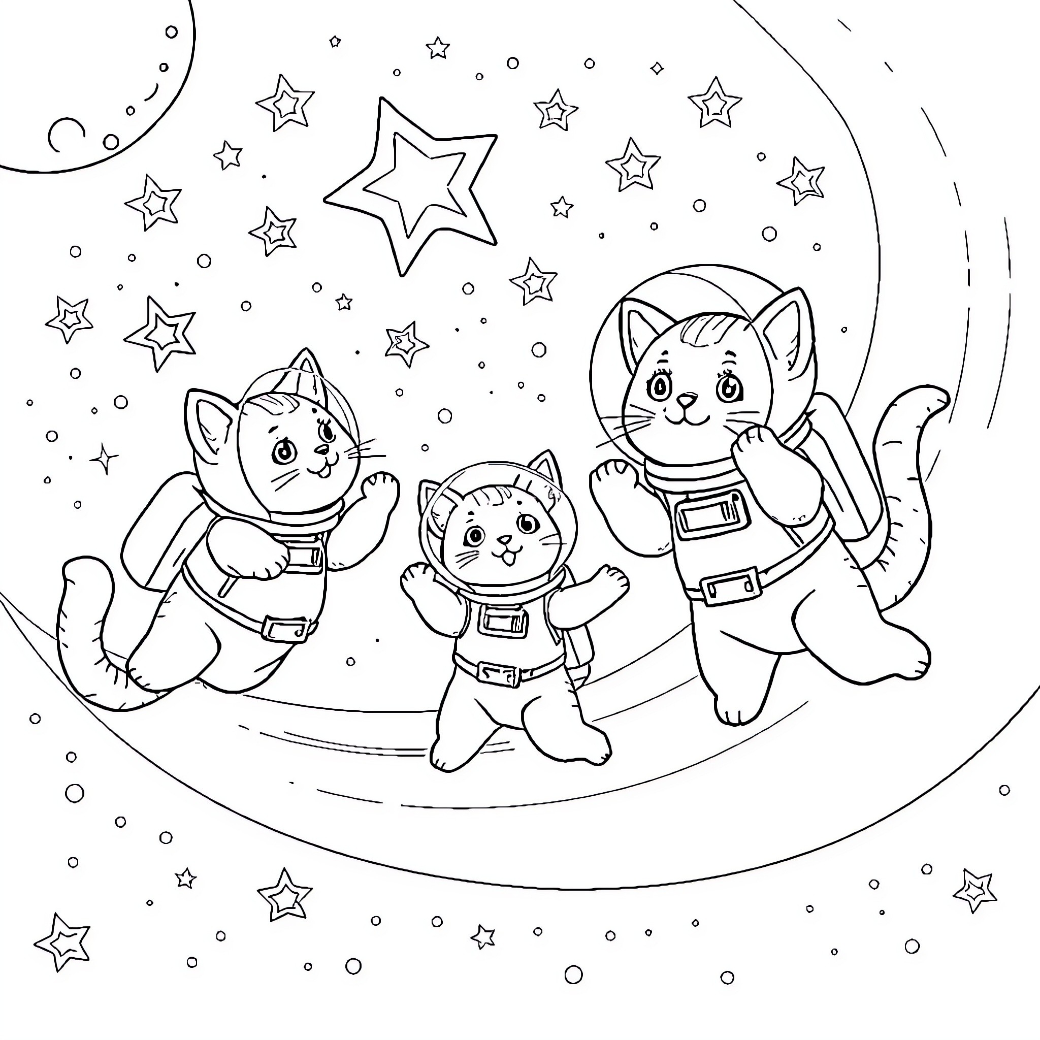Cat astronauts exploring the starry sky Coloring Page (free black-and-white line drawing printable PDF for all, from beginners to advanced learners, including children, teens, adults, and seniors)
