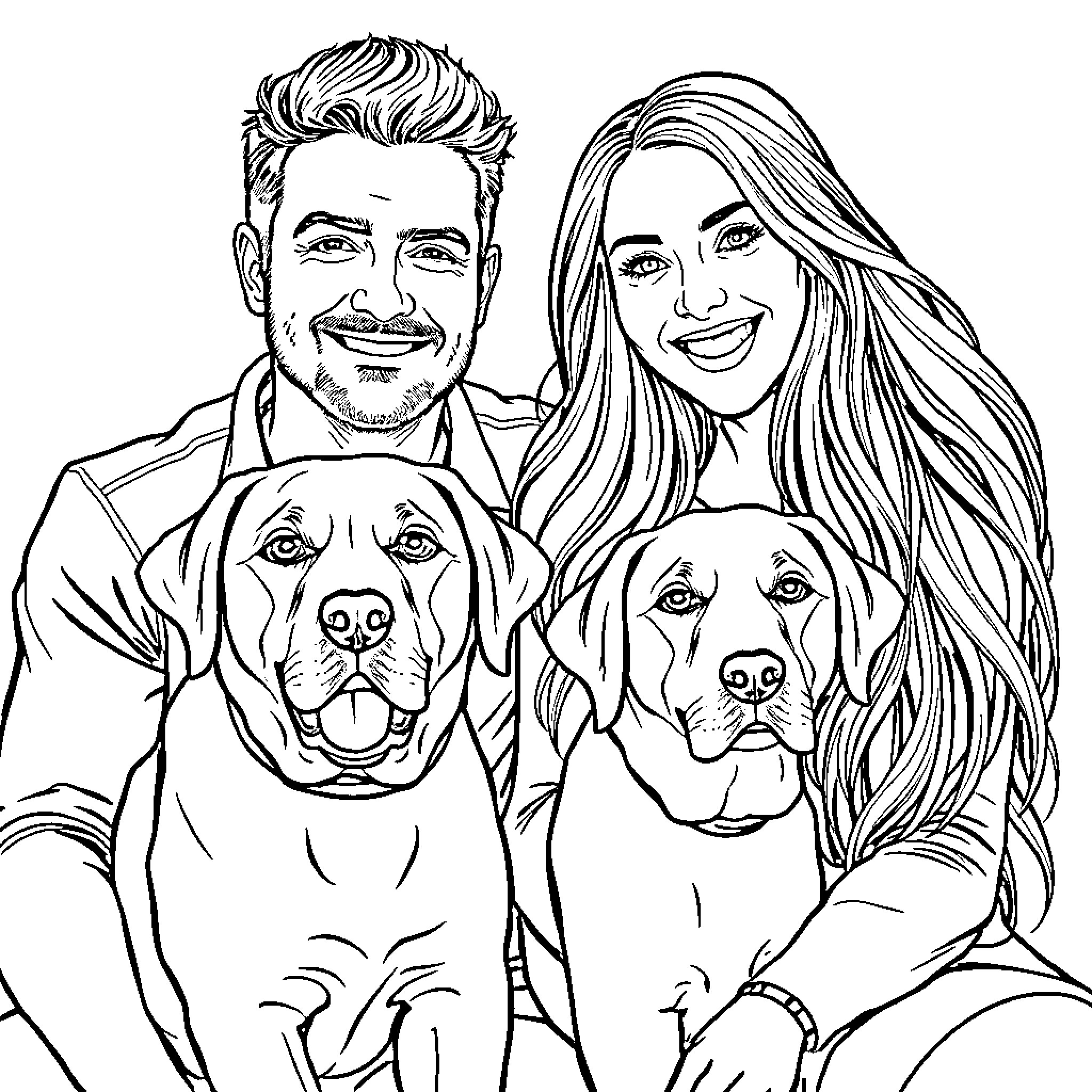 Labrador owners posing happily with their pets Coloring Page (free black-and-white line drawing printable PDF for all, from beginners to advanced learners, including children, teens, adults, and seniors)