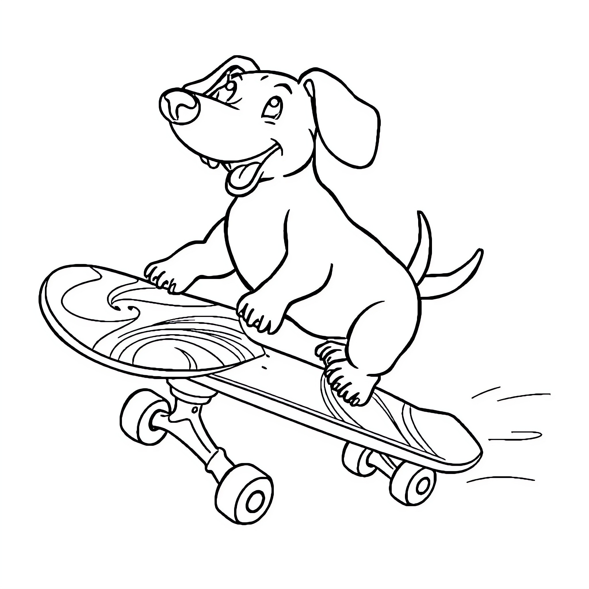 Sausage Dog riding a skateboard Coloring Page (free black-and-white line drawing printable PDF for all, from beginners to advanced learners, including children, teens, adults, and seniors)
