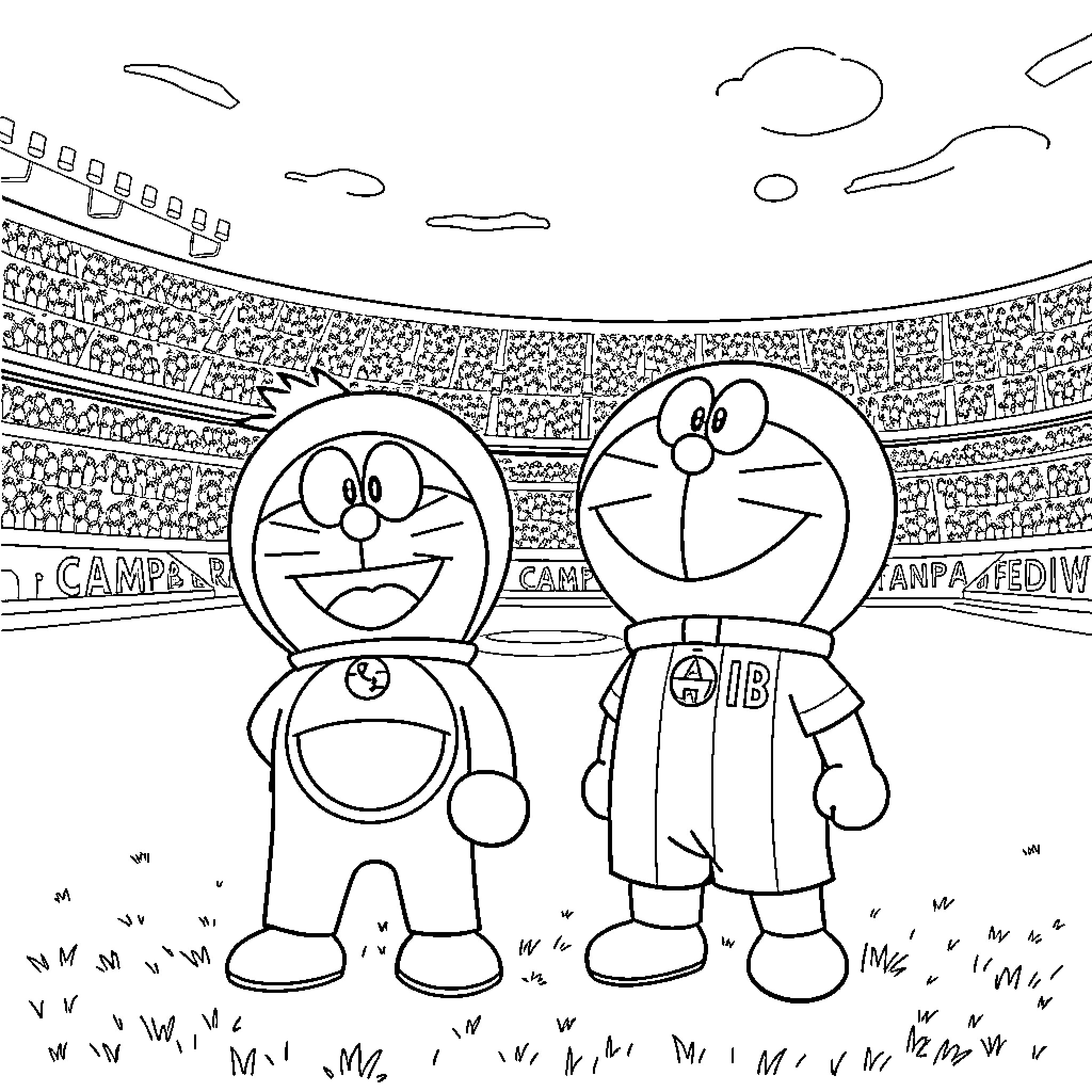 Nobita and Doraemon at the Baseball Stadium Coloring Page (free black-and-white line drawing printable PDF for all, from beginners to advanced learners, including children, teens, adults, and seniors)