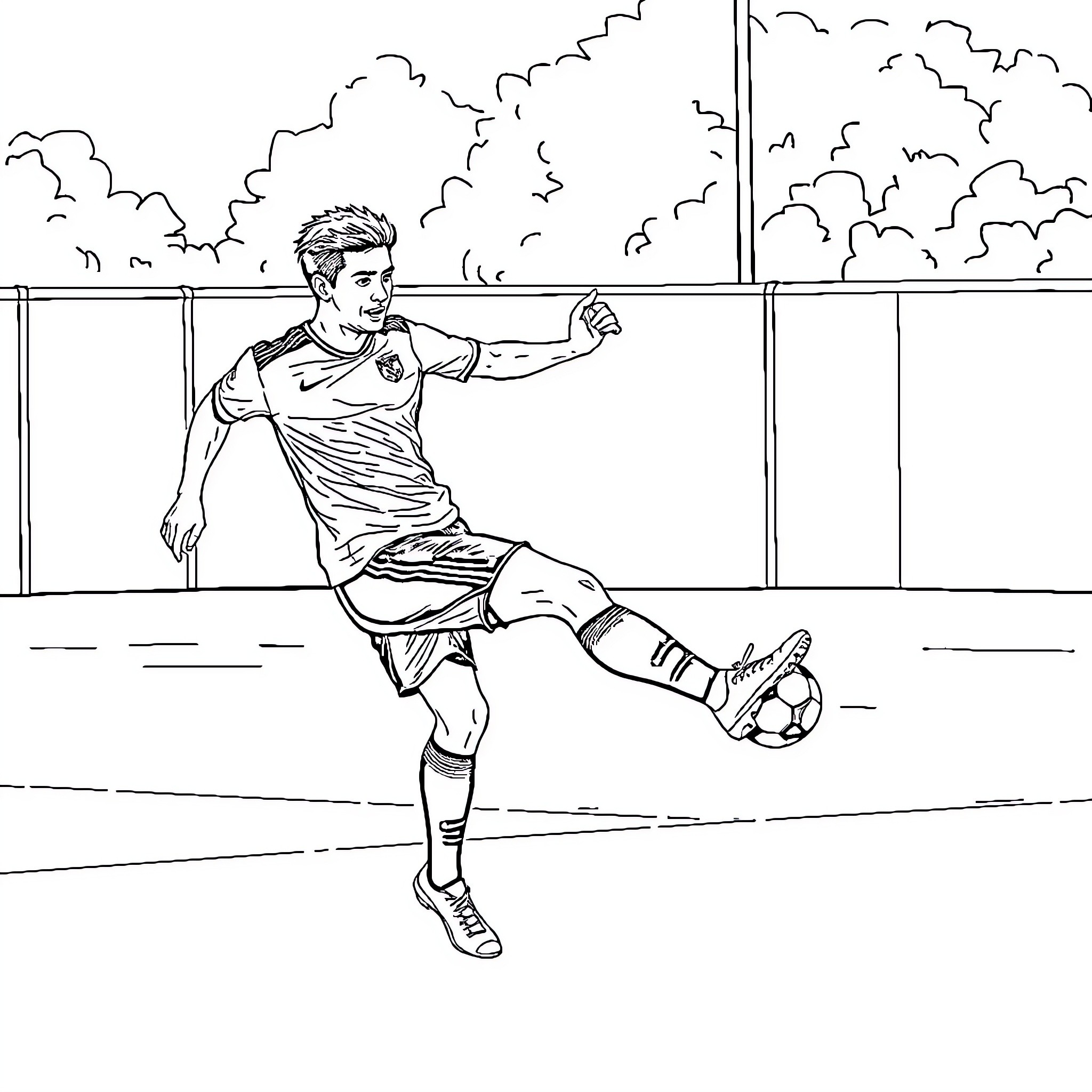 Achraf Hakimi playing soccer on the field Coloring Page (free black-and-white line drawing printable PDF for all, from beginners to advanced learners, including children, teens, adults, and seniors)