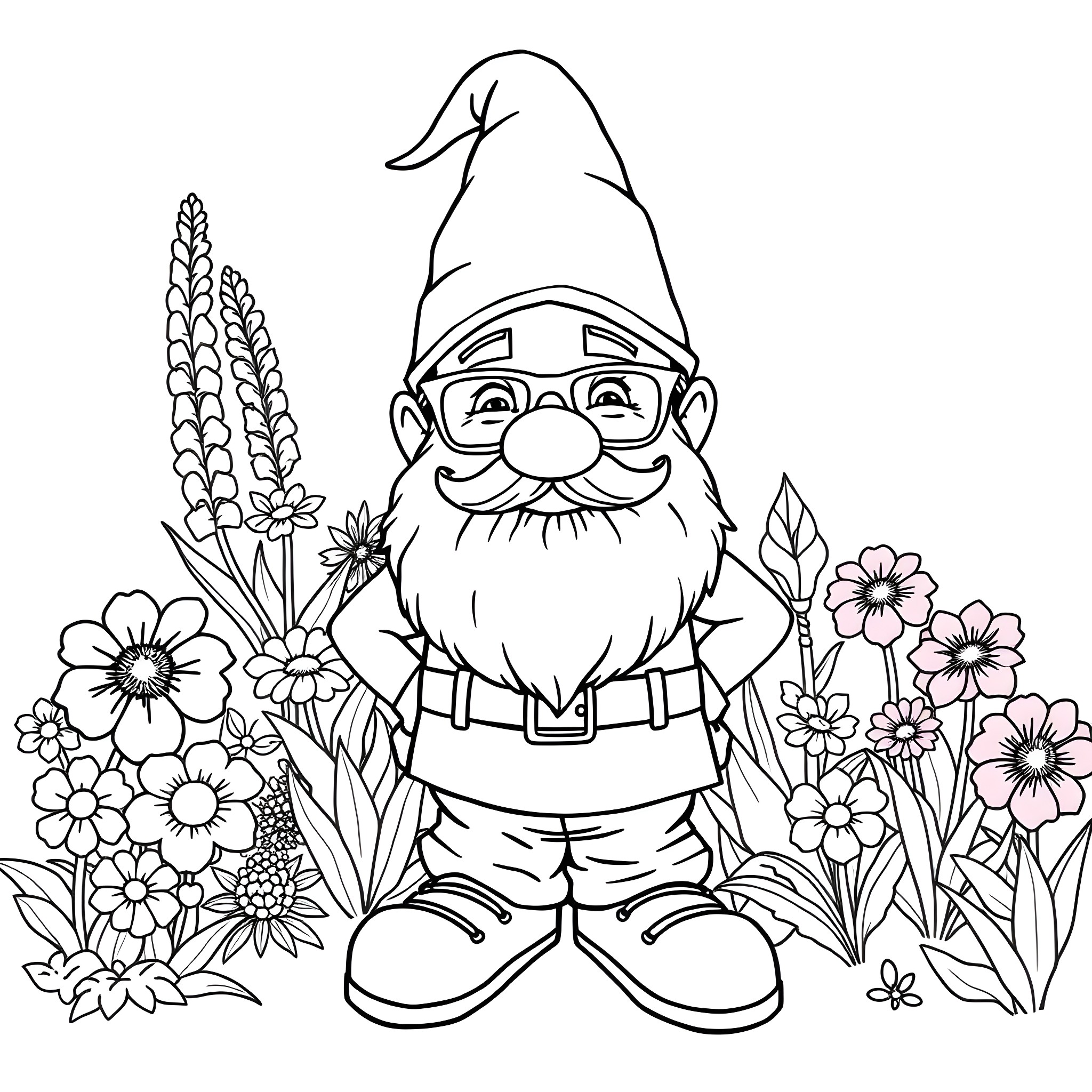 Gnome surrounded by whimsical garden flowers Coloring Page (free black-and-white line drawing printable PDF for all, from beginners to advanced learners, including children, teens, adults, and seniors)