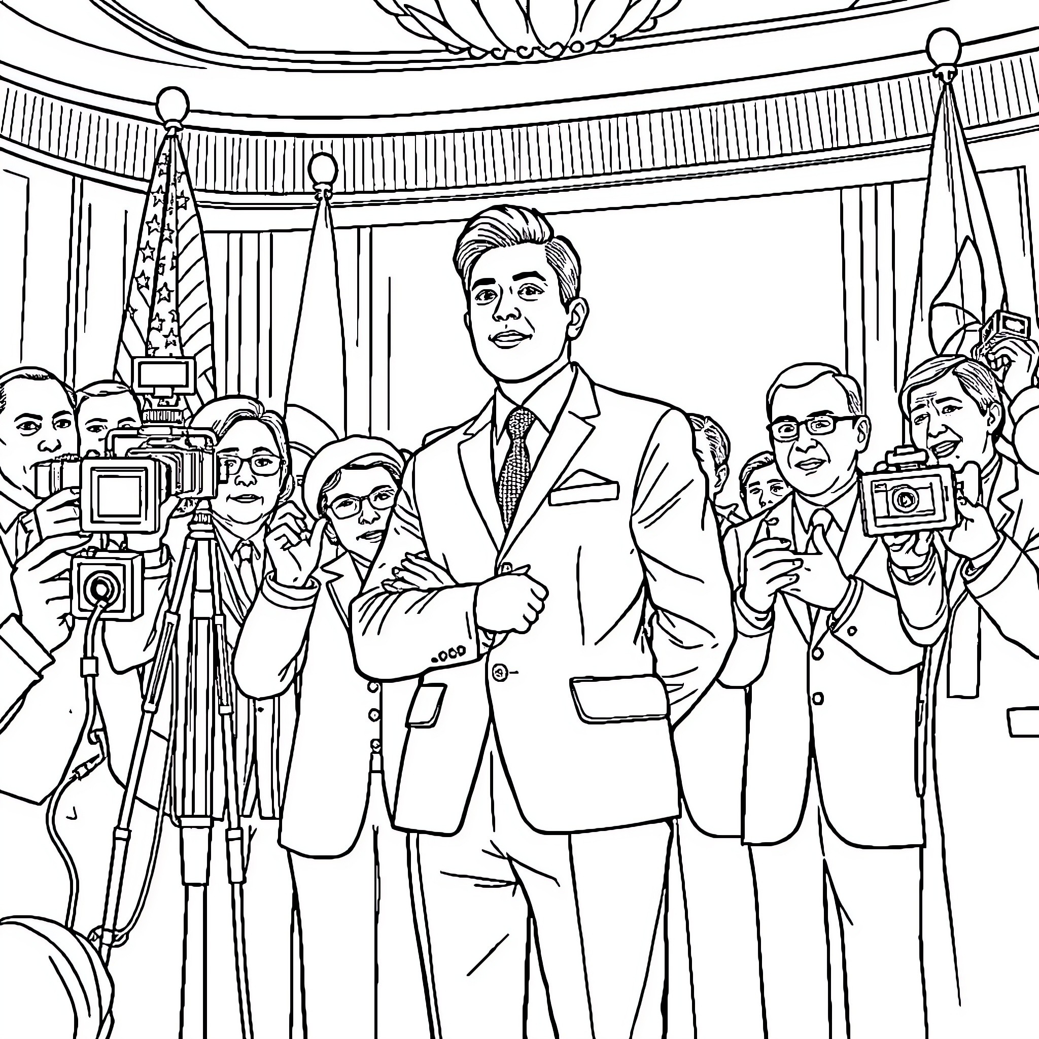 Diplomat Surrounded by Press Corps at Formal Event Coloring Page (free black-and-white line drawing printable PDF for all, from beginners to advanced learners, including children, teens, adults, and seniors)