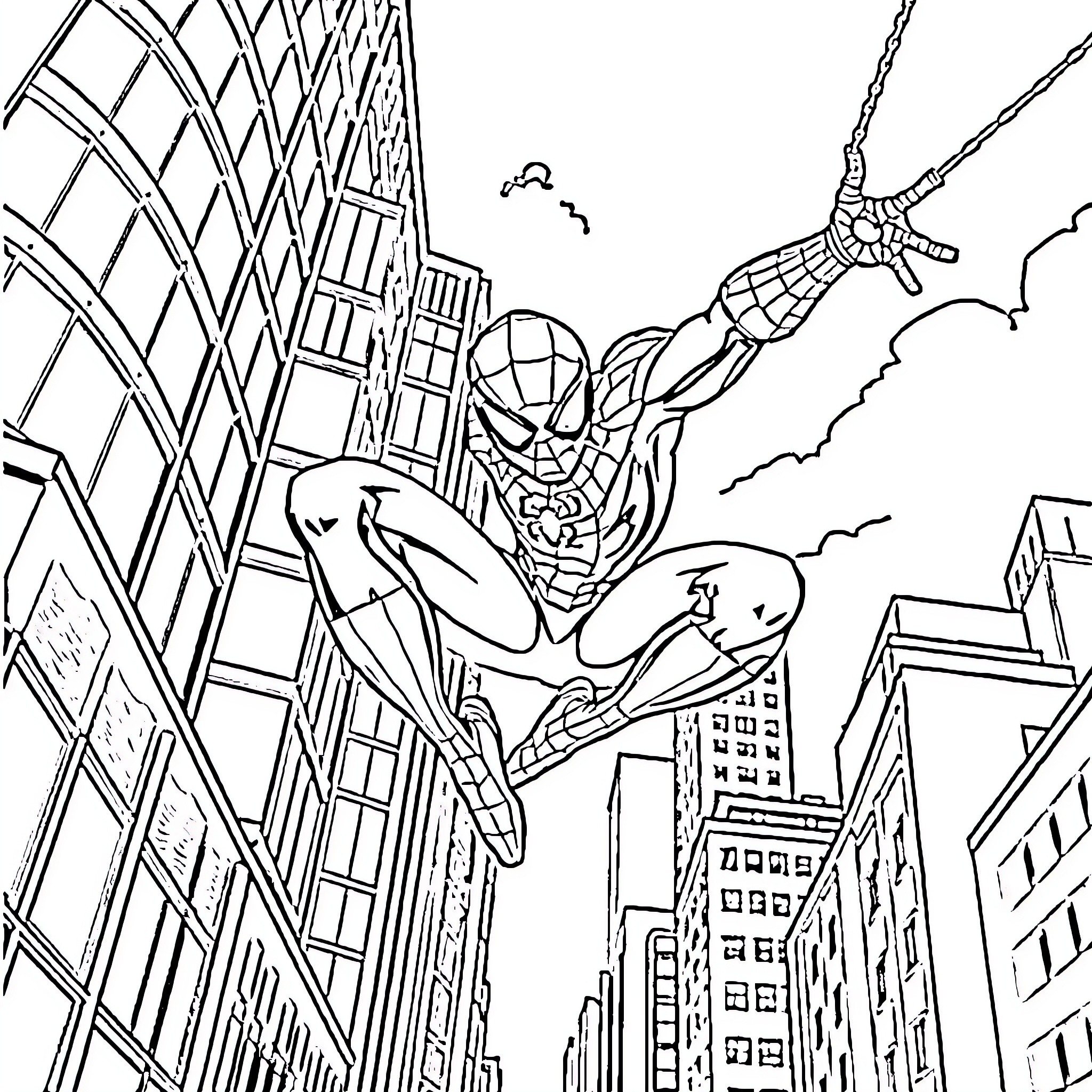 Spider-Man swinging high above the city streets Coloring Page (free black-and-white line drawing printable PDF for all, from beginners to advanced learners, including children, teens, adults, and seniors)