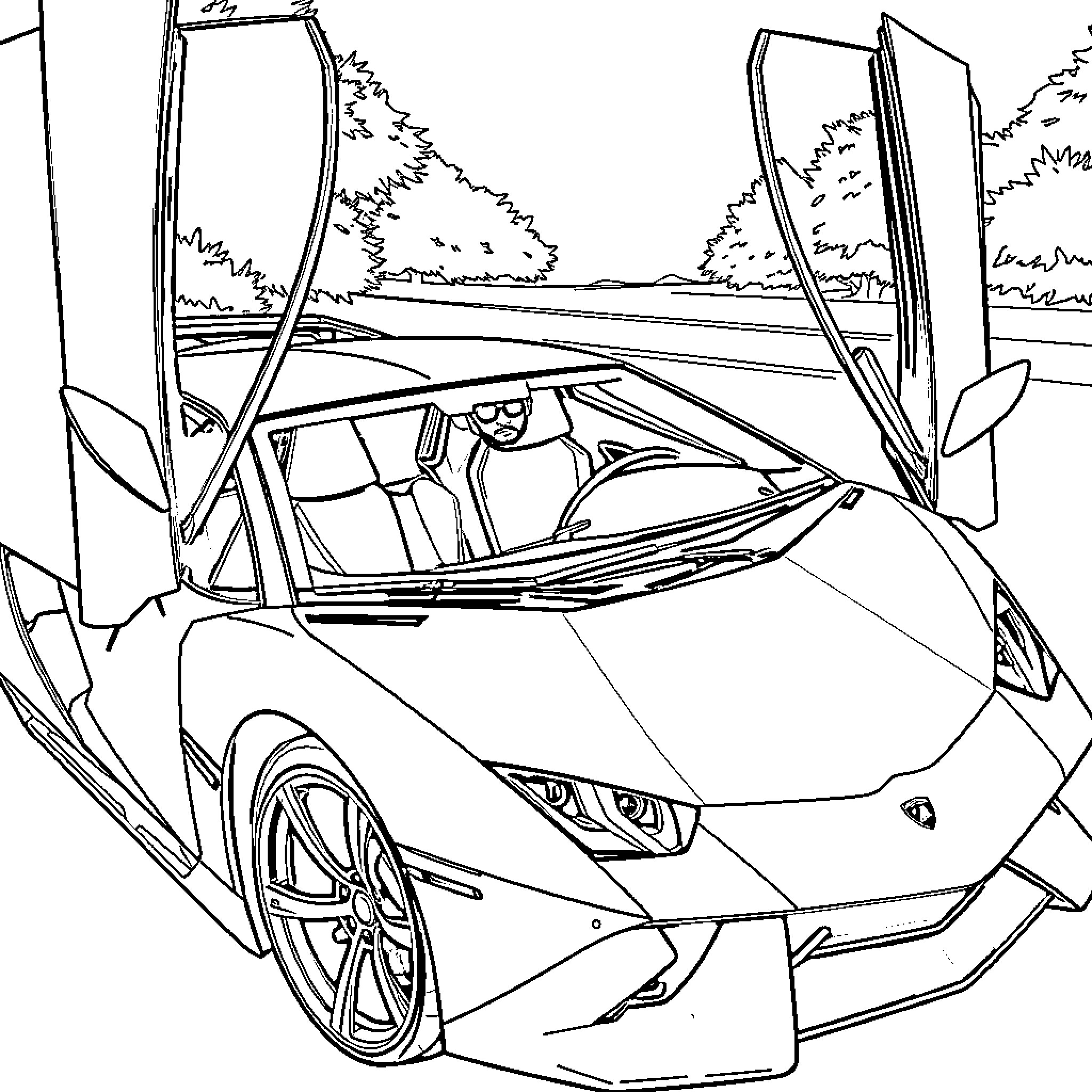 Lamborghini supercar in a dramatic outdoor scene Coloring Page (free black-and-white line drawing printable PDF for all, from beginners to advanced learners, including children, teens, adults, and seniors)