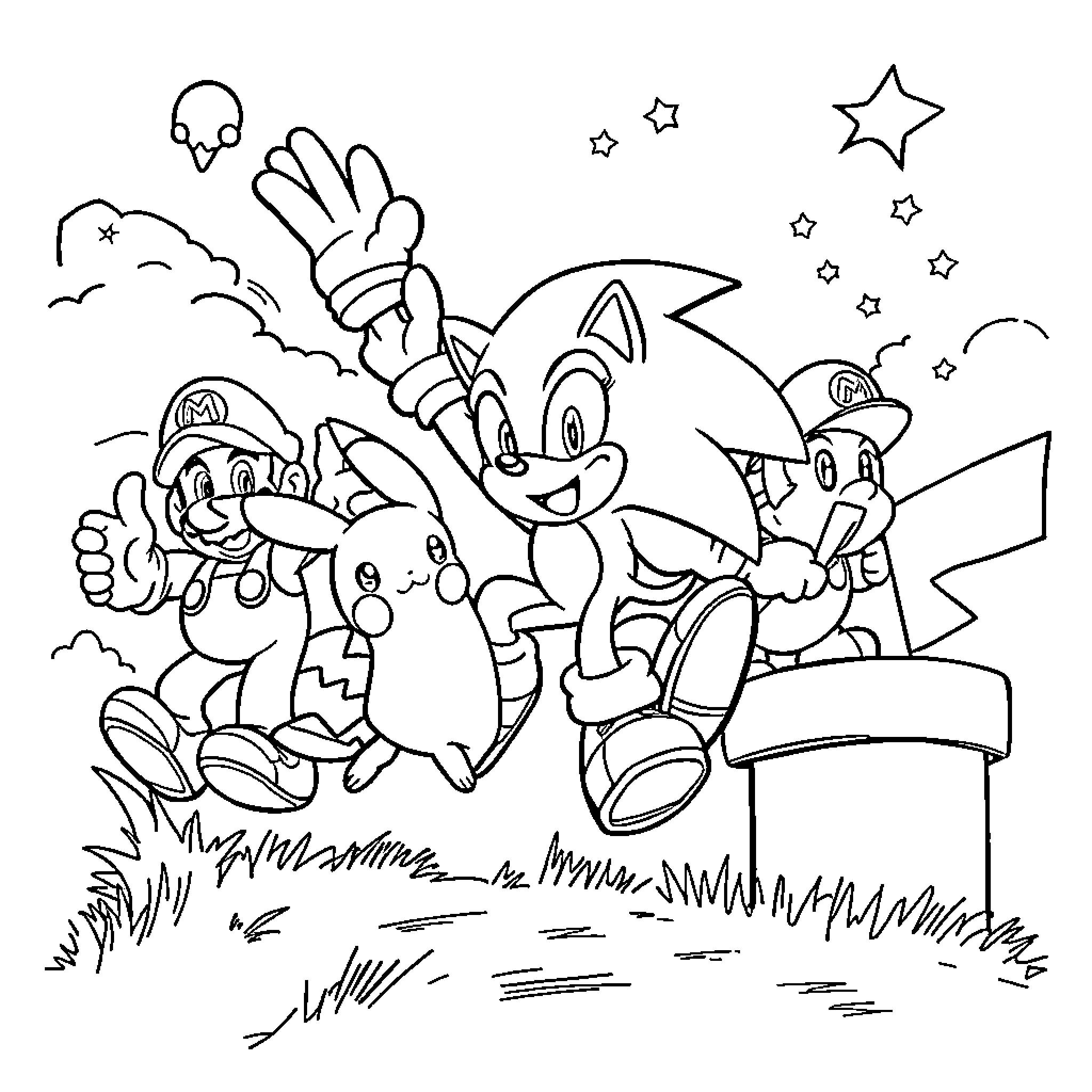 Sonic and Friends Adventuring Outdoors Coloring Page (free black-and-white line drawing printable PDF for all, from beginners to advanced learners, including children, teens, adults, and seniors)
