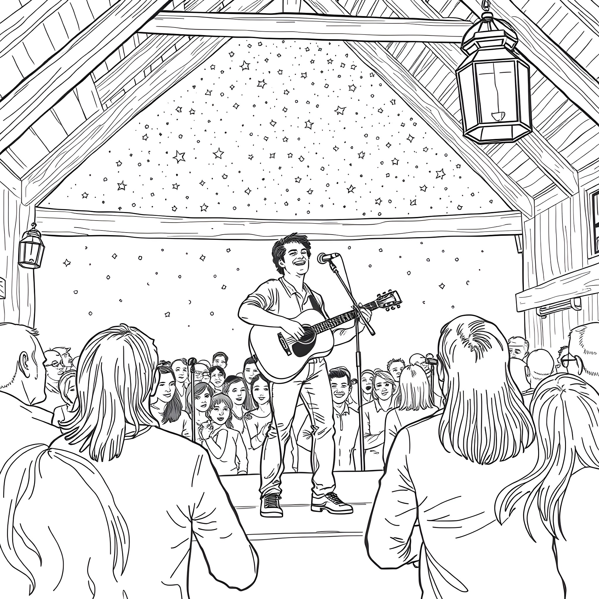 Zac Bryan performing on stage before a crowd Coloring Page (free black-and-white line drawing printable PDF for all, from beginners to advanced learners, including children, teens, adults, and seniors)
