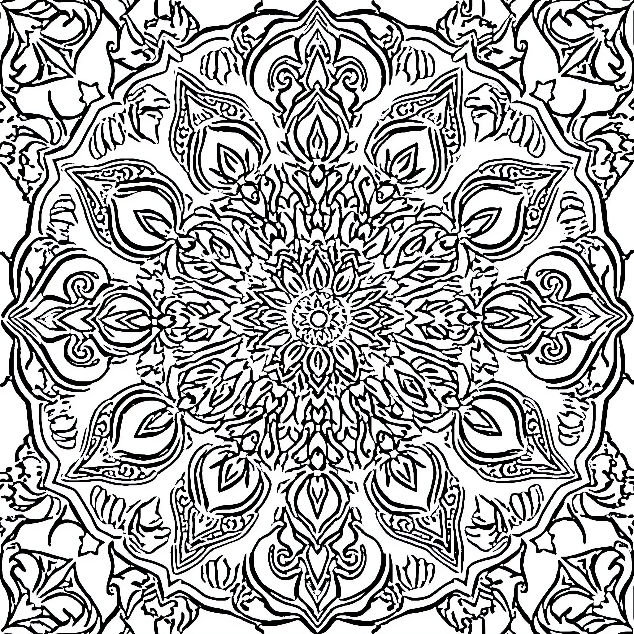 Mandala of intricate floral patterns and shapes Coloring Page (free black-and-white line drawing printable PDF for all, from beginners to advanced learners, including children, teens, adults, and seniors)