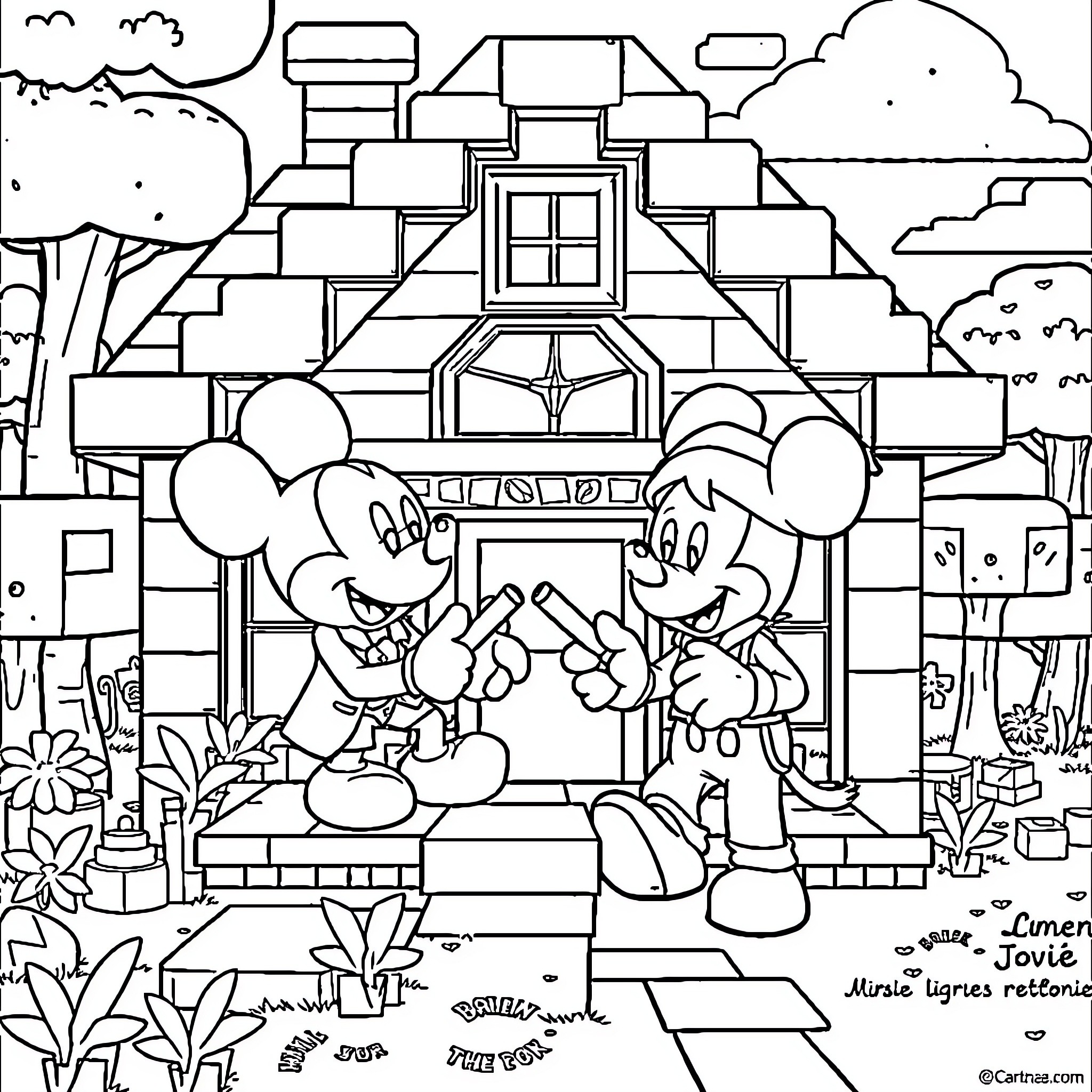 Maison of Imaginative Disney Characters Coloring Page (free black-and-white line drawing printable PDF for all, from beginners to advanced learners, including children, teens, adults, and seniors)
