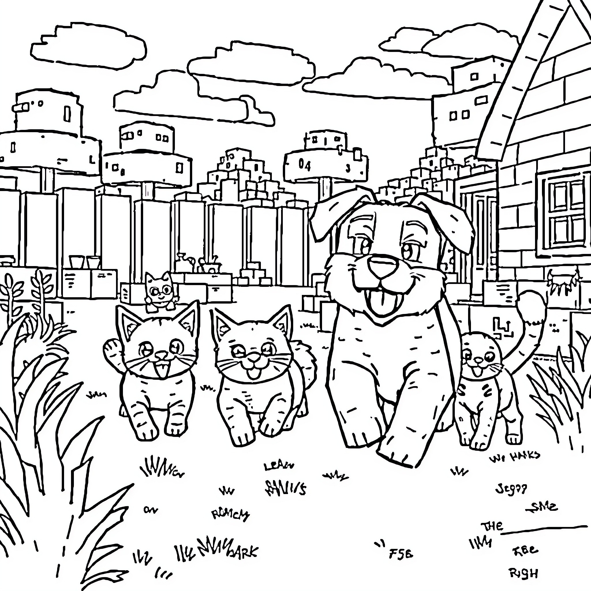 Dog and Cat Friends in the Colorful City Coloring Page (free black-and-white line drawing printable PDF for all, from beginners to advanced learners, including children, teens, adults, and seniors)
