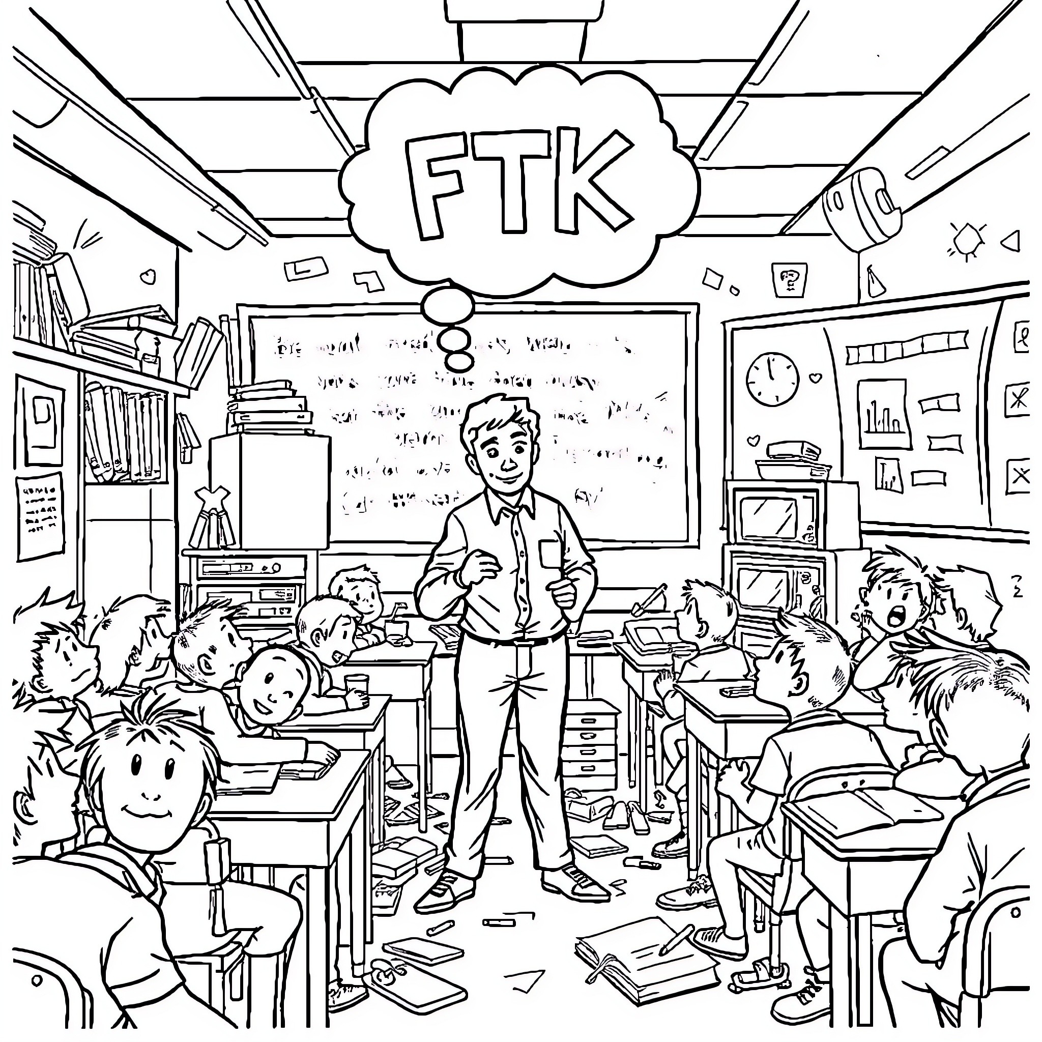 Teacher explaining lesson in a busy classroom Coloring Page (free black-and-white line drawing printable PDF for all, from beginners to advanced learners, including children, teens, adults, and seniors)