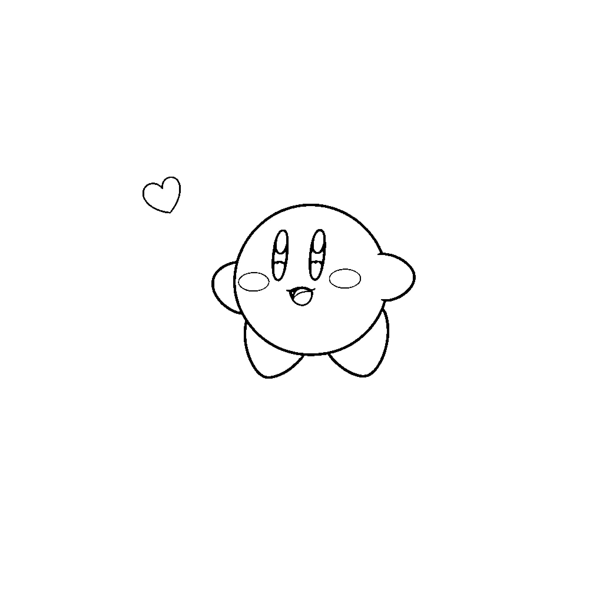 Kirby happily floating with a heart Coloring Page (free black-and-white line drawing printable PDF for all, from beginners to advanced learners, including children, teens, adults, and seniors)