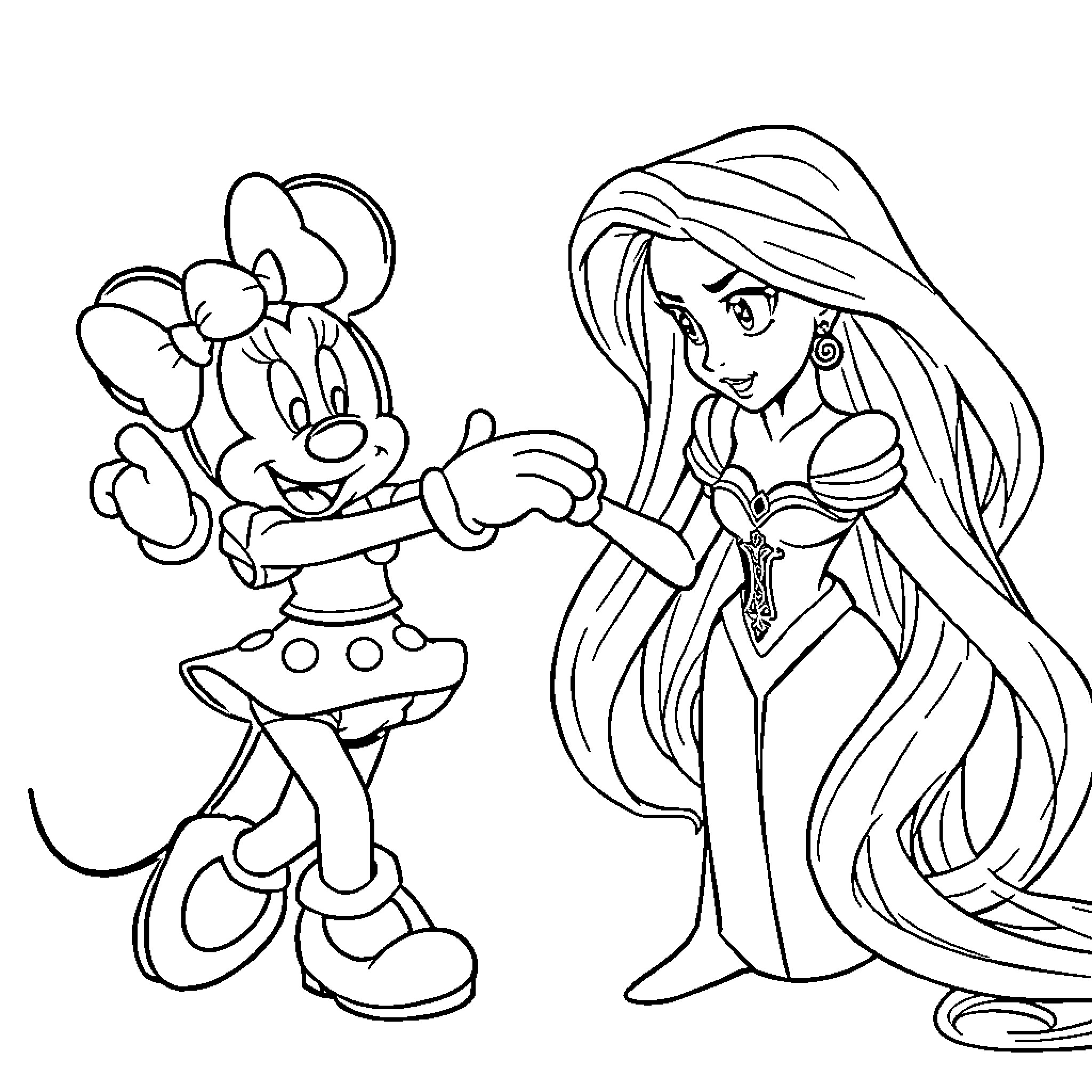 Minnie Mouse and Mermaid Princess Interacting Coloring Page (free black-and-white line drawing printable PDF for all, from beginners to advanced learners, including children, teens, adults, and seniors)