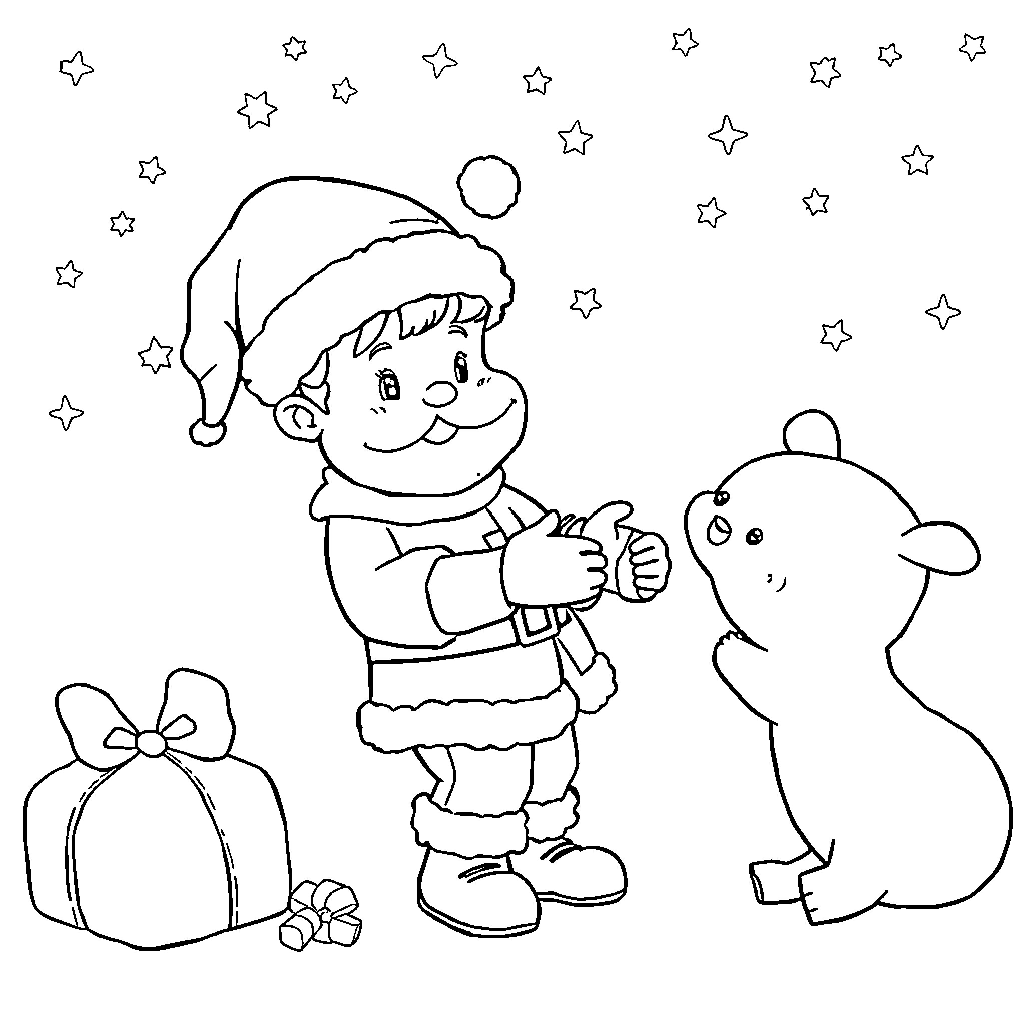 Pai Natal and his winter friends Coloring Page (free black-and-white line drawing printable PDF for all, from beginners to advanced learners, including children, teens, adults, and seniors)