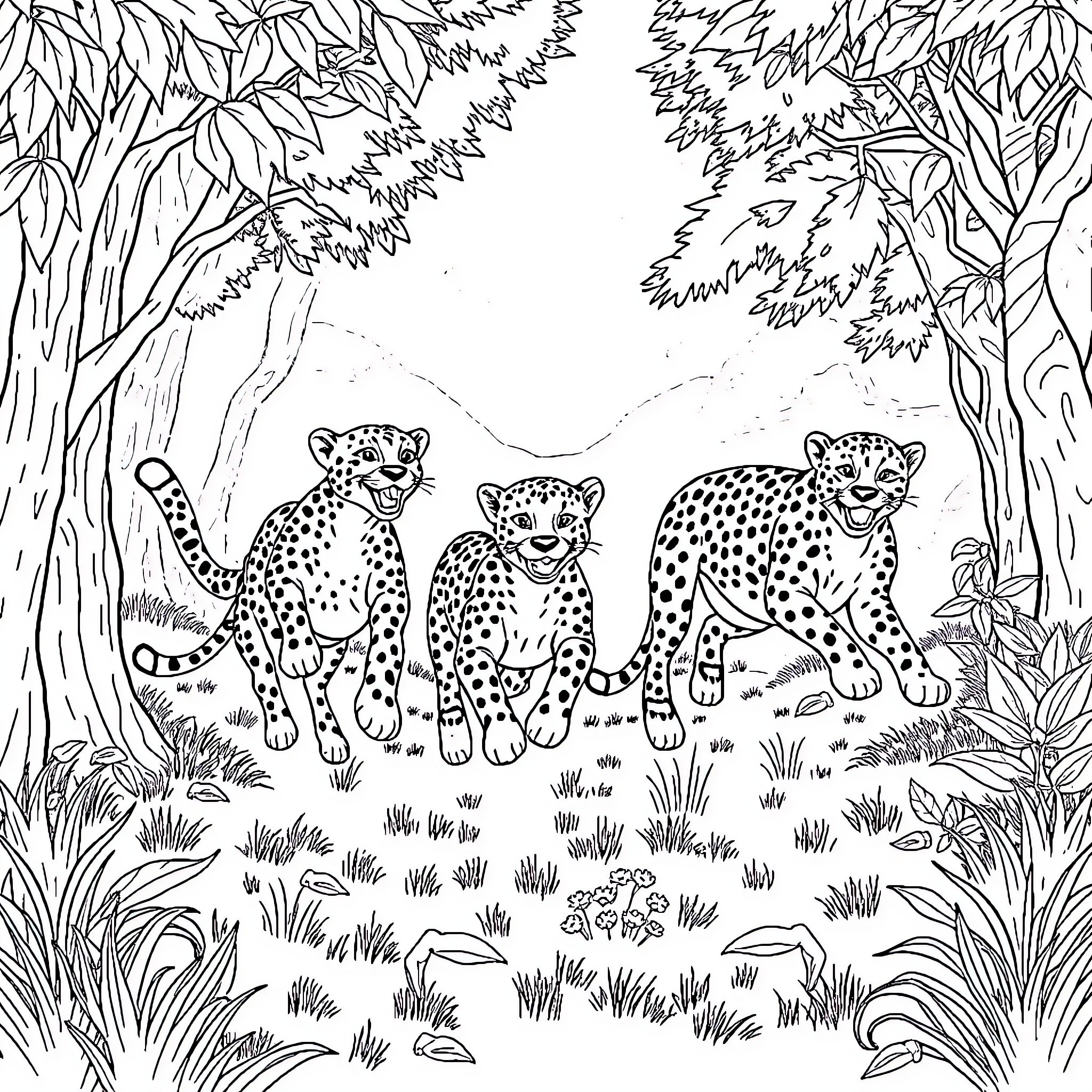 Cheetah family exploring the jungle Coloring Page (free black-and-white line drawing printable PDF for all, from beginners to advanced learners, including children, teens, adults, and seniors)