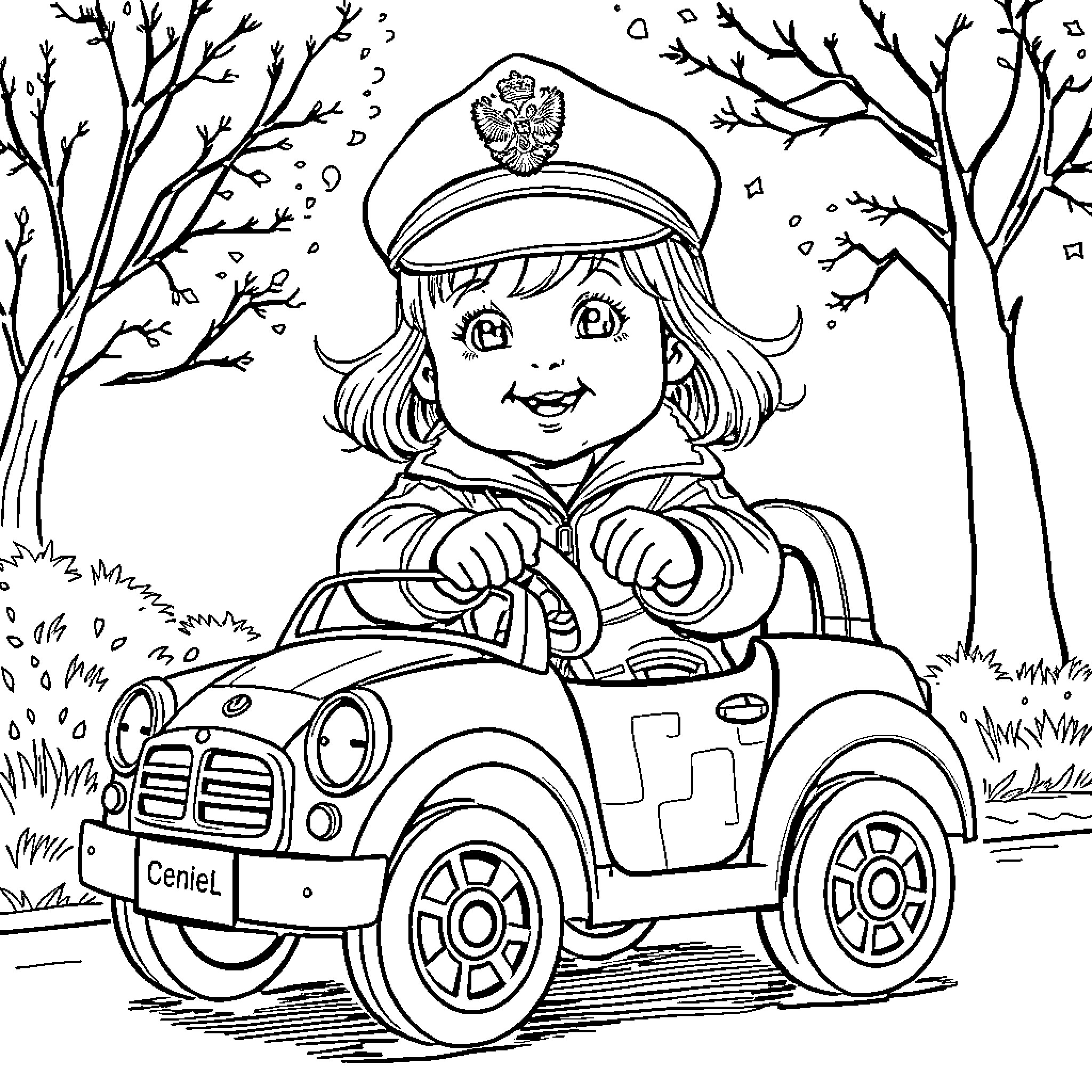Baby Girl Driving a Toy Car in the Woods Coloring Page (free black-and-white line drawing printable PDF for all, from beginners to advanced learners, including children, teens, adults, and seniors)