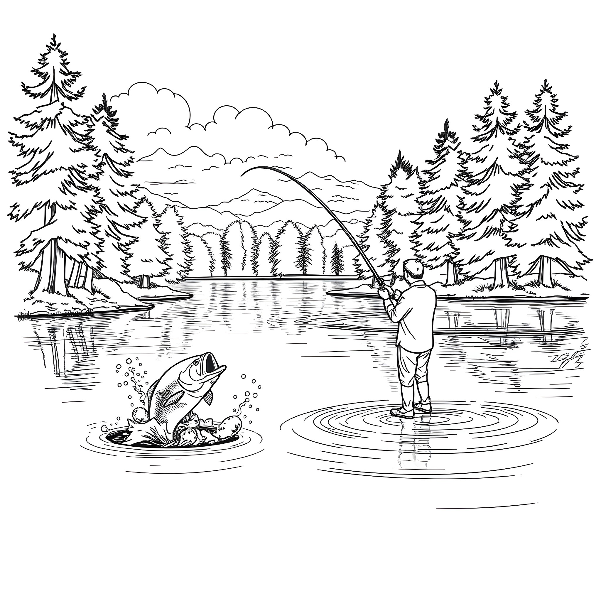 Bass fishing in serene wilderness landscape Coloring Page (free black-and-white line drawing printable PDF for all, from beginners to advanced learners, including children, teens, adults, and seniors)