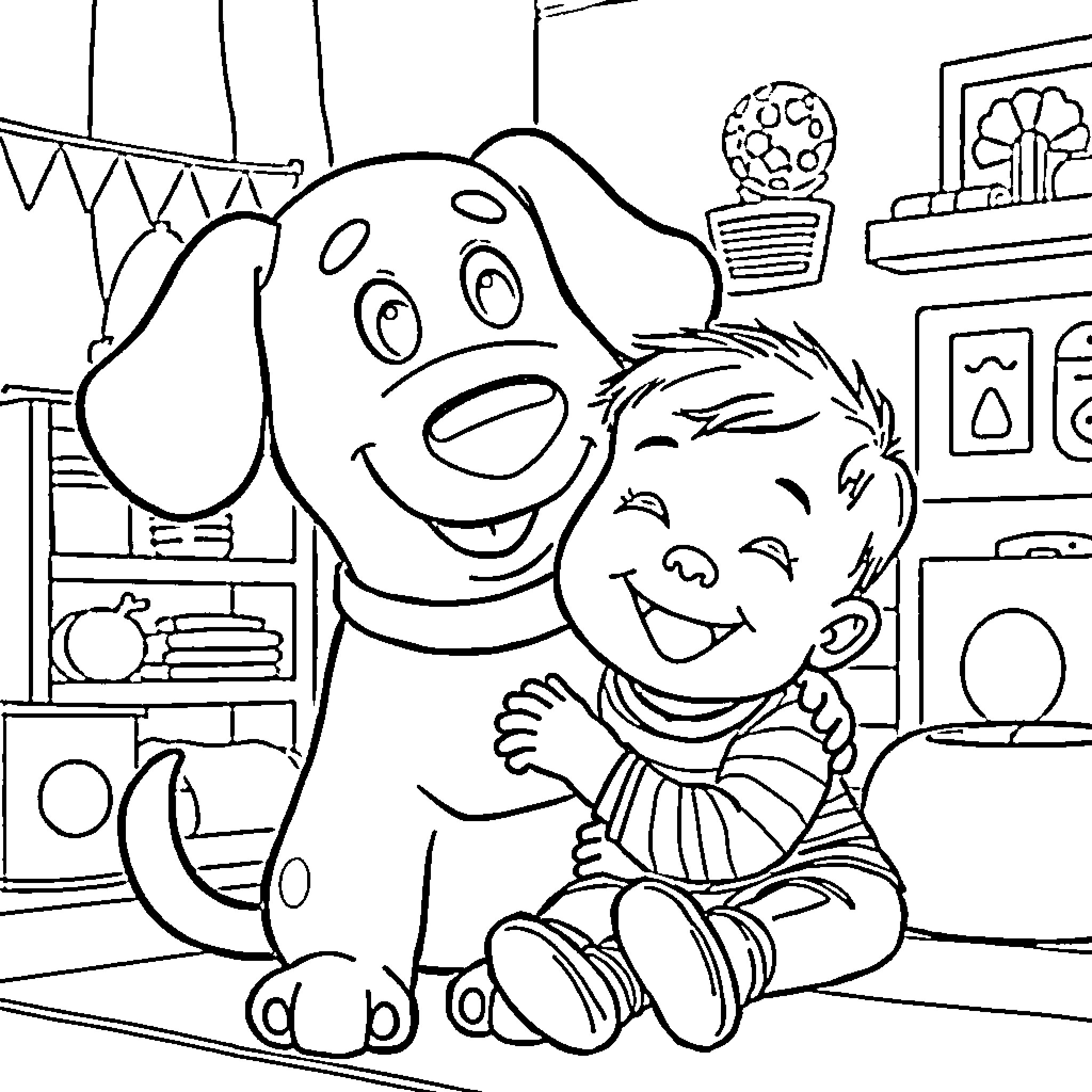 Duggee and friend playing together in the room Coloring Page (free black-and-white line drawing printable PDF for all, from beginners to advanced learners, including children, teens, adults, and seniors)
