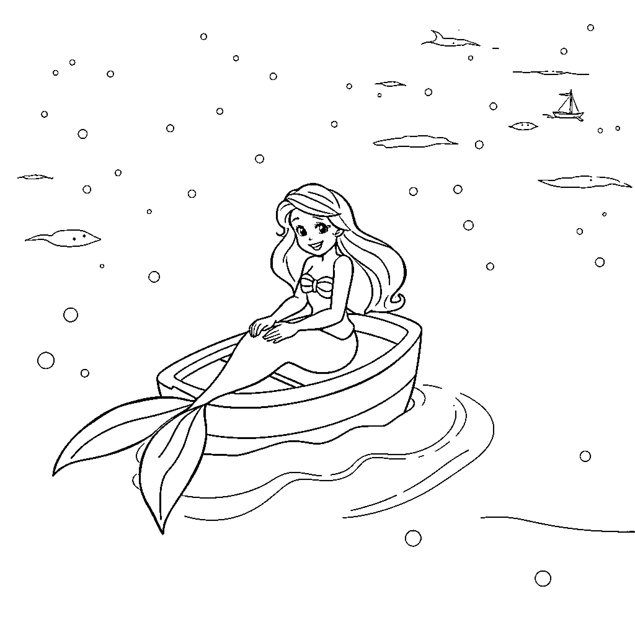Mermaid swimming peacefully in the ocean Coloring Page (free black-and-white line drawing printable PDF for all, from beginners to advanced learners, including children, teens, adults, and seniors)