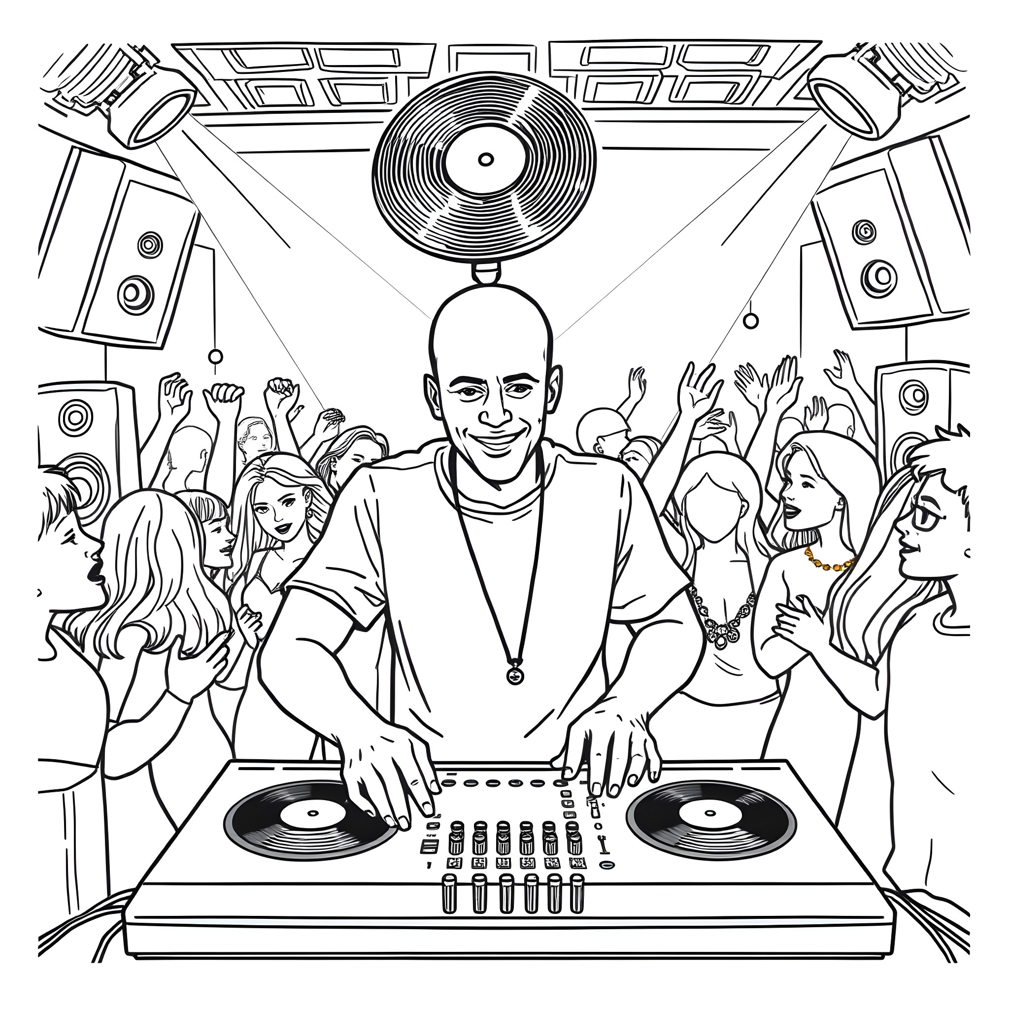 DJ spinning tunes and entertaining the crowd Coloring Page (free black-and-white line drawing printable PDF for all, from beginners to advanced learners, including children, teens, adults, and seniors)