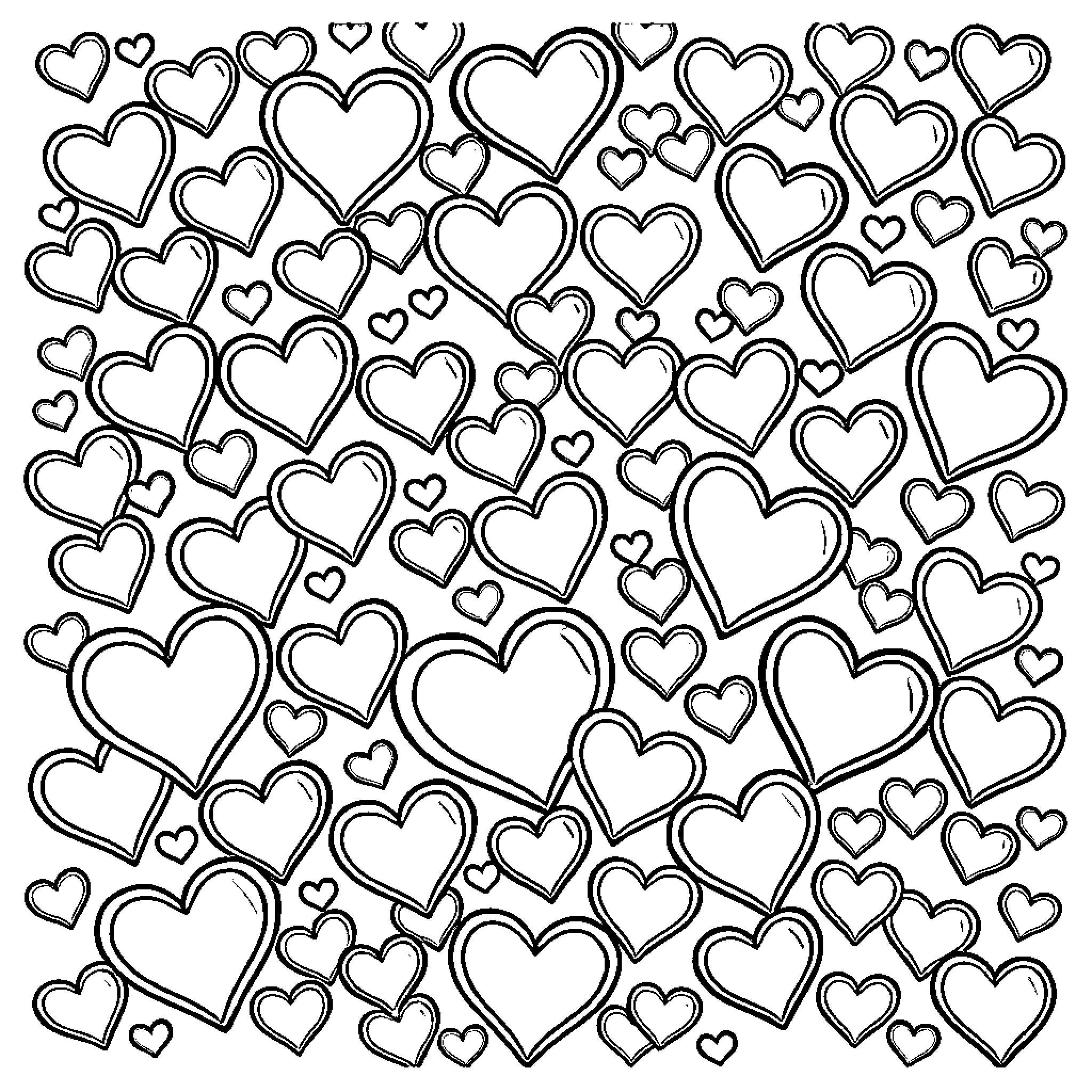 Heart-filled Collage of Expressive Shapes Coloring Page (free black-and-white line drawing printable PDF for all, from beginners to advanced learners, including children, teens, adults, and seniors)