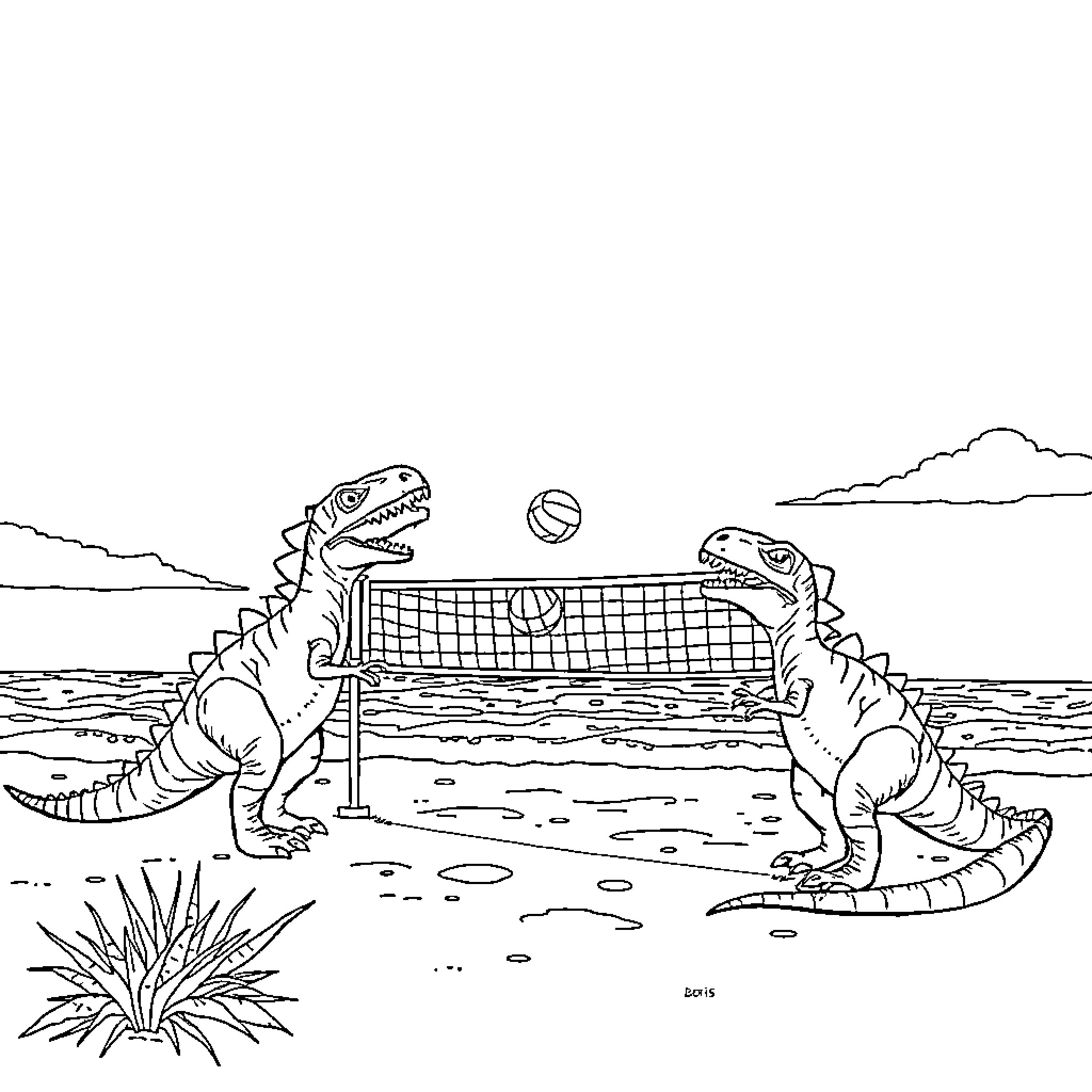 Dinosaur playing volleyball on the beach Coloring Page (free black-and-white line drawing printable PDF for all, from beginners to advanced learners, including children, teens, adults, and seniors)