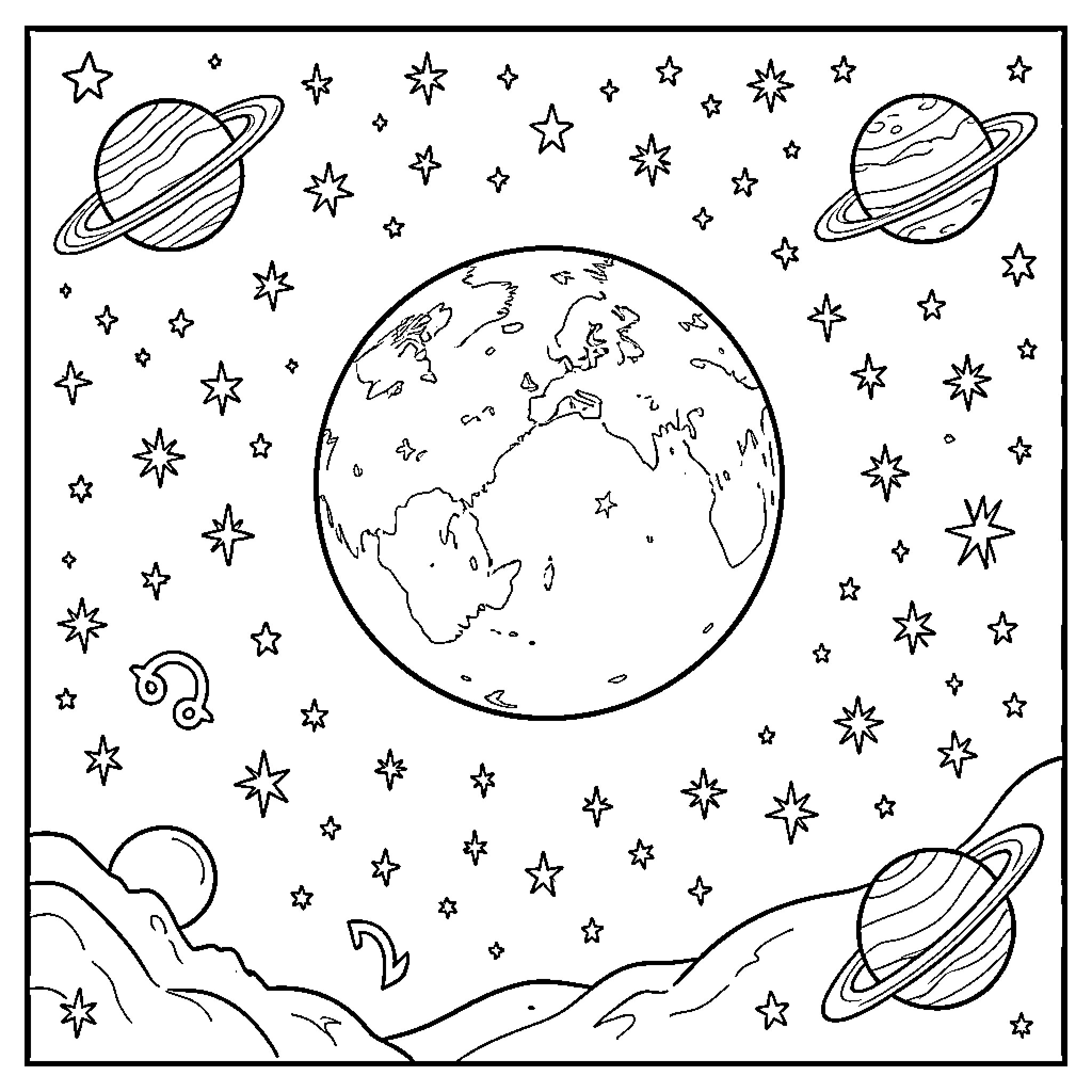 Moon Celestial Bodies Drifting in Starry Night Sky Coloring Page (free black-and-white line drawing printable PDF for all, from beginners to advanced learners, including children, teens, adults, and seniors)