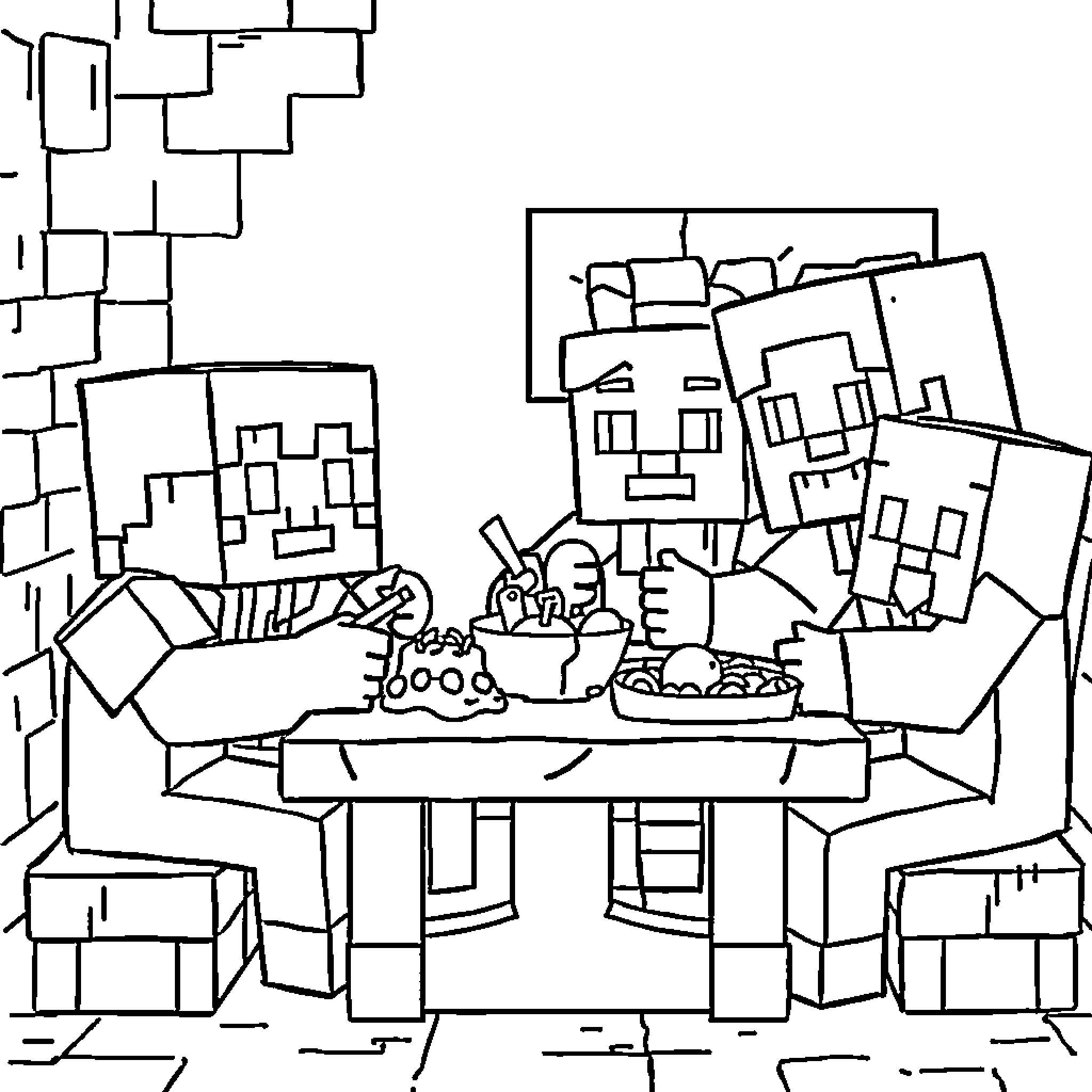 Minecraft characters enjoying a meal together Coloring Page (free black-and-white line drawing printable PDF for all, from beginners to advanced learners, including children, teens, adults, and seniors)
